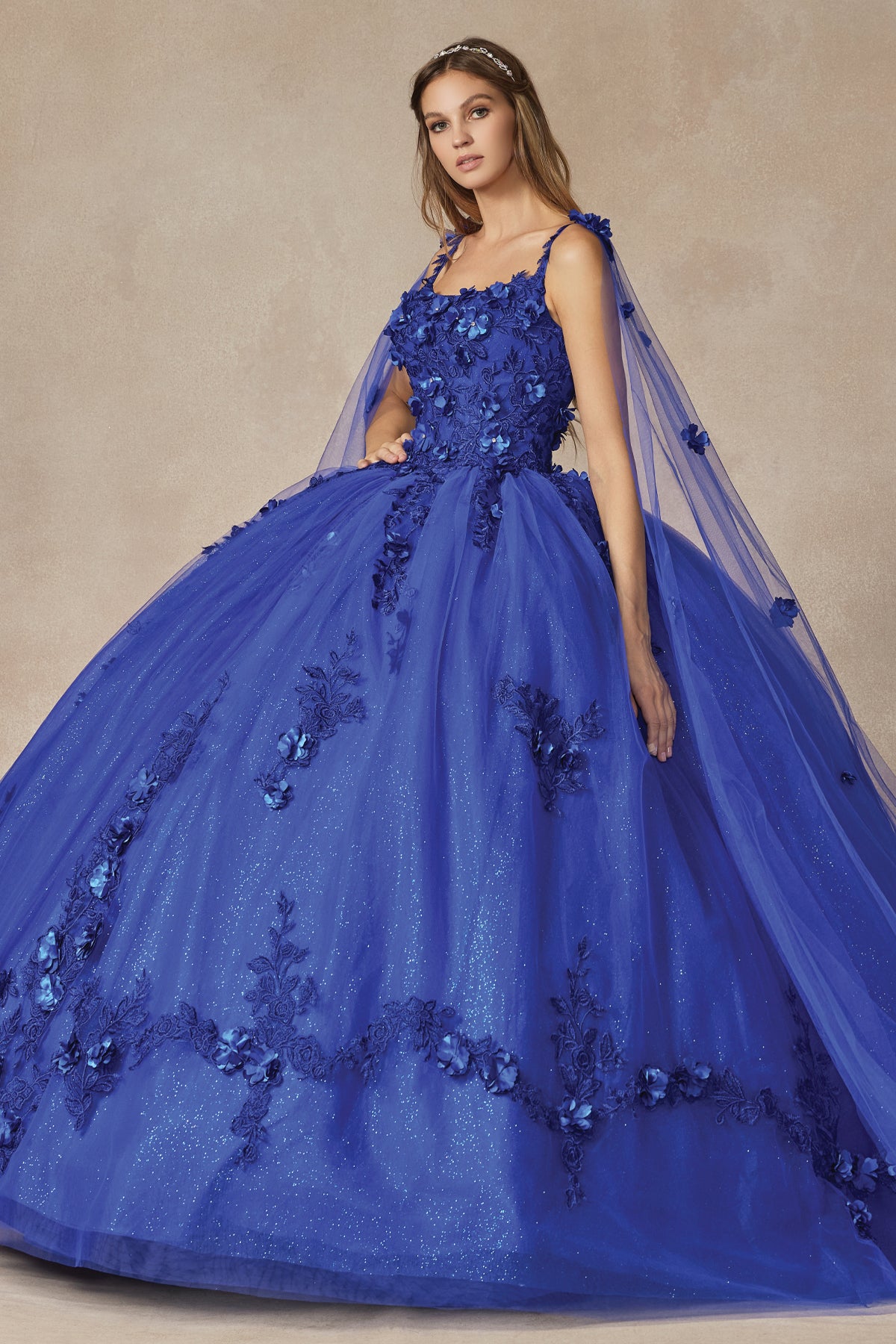 Quinceniera Dresses Cape Long Ball Gown 3D Floral Applique Quinceanera Dress Juliet JT1436 Royal Blue