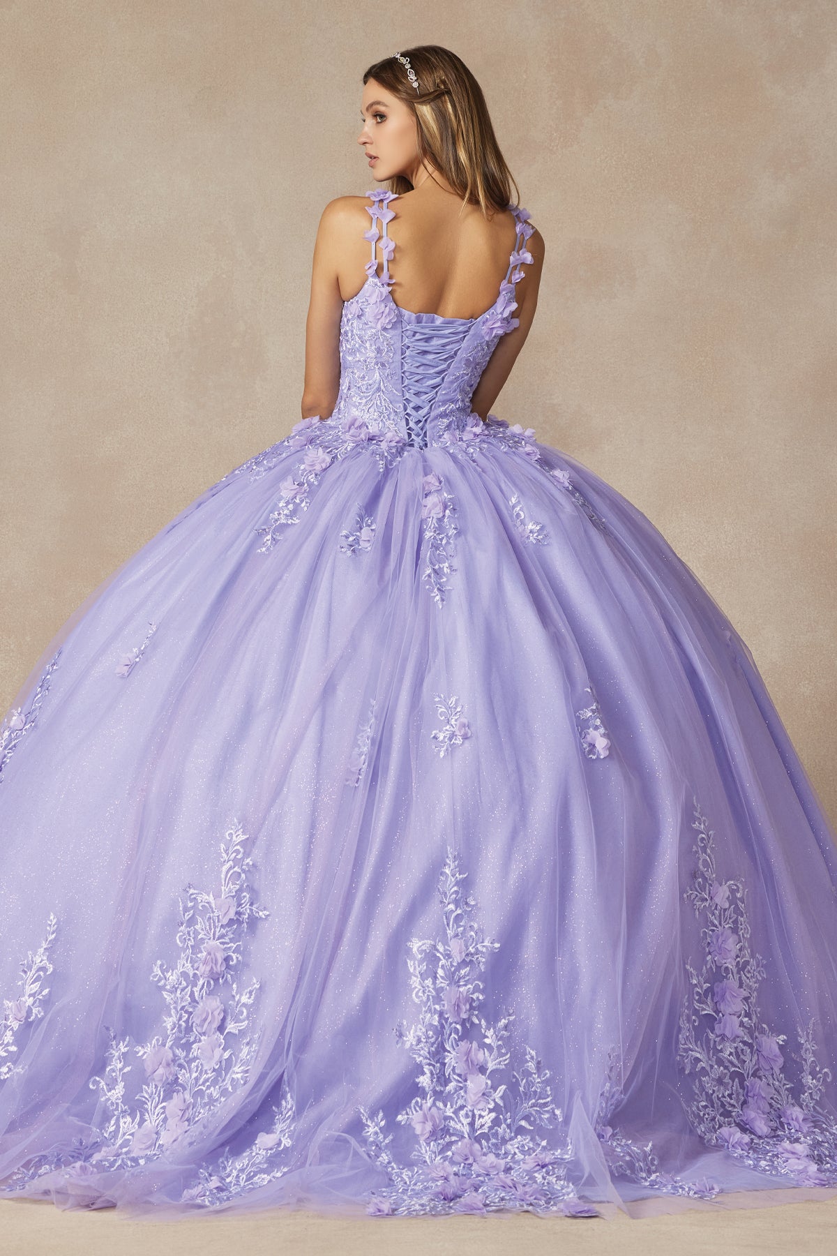 Quinceniera Dresses Long 3D Floral Applique Ball Gown Quinceanera Dress Juliet JT1437 Lilac