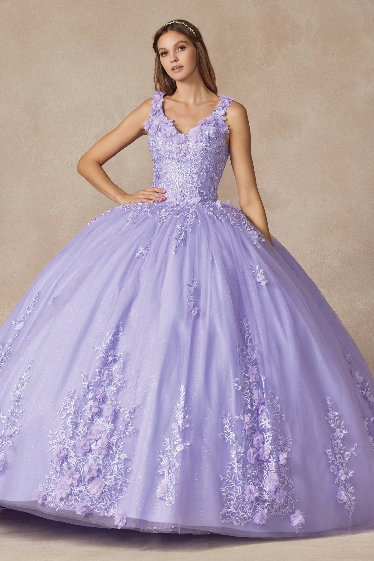 Quinceniera Dresses Long 3D Floral Applique Ball Gown Quinceanera Dress Juliet JT1437 Lilac