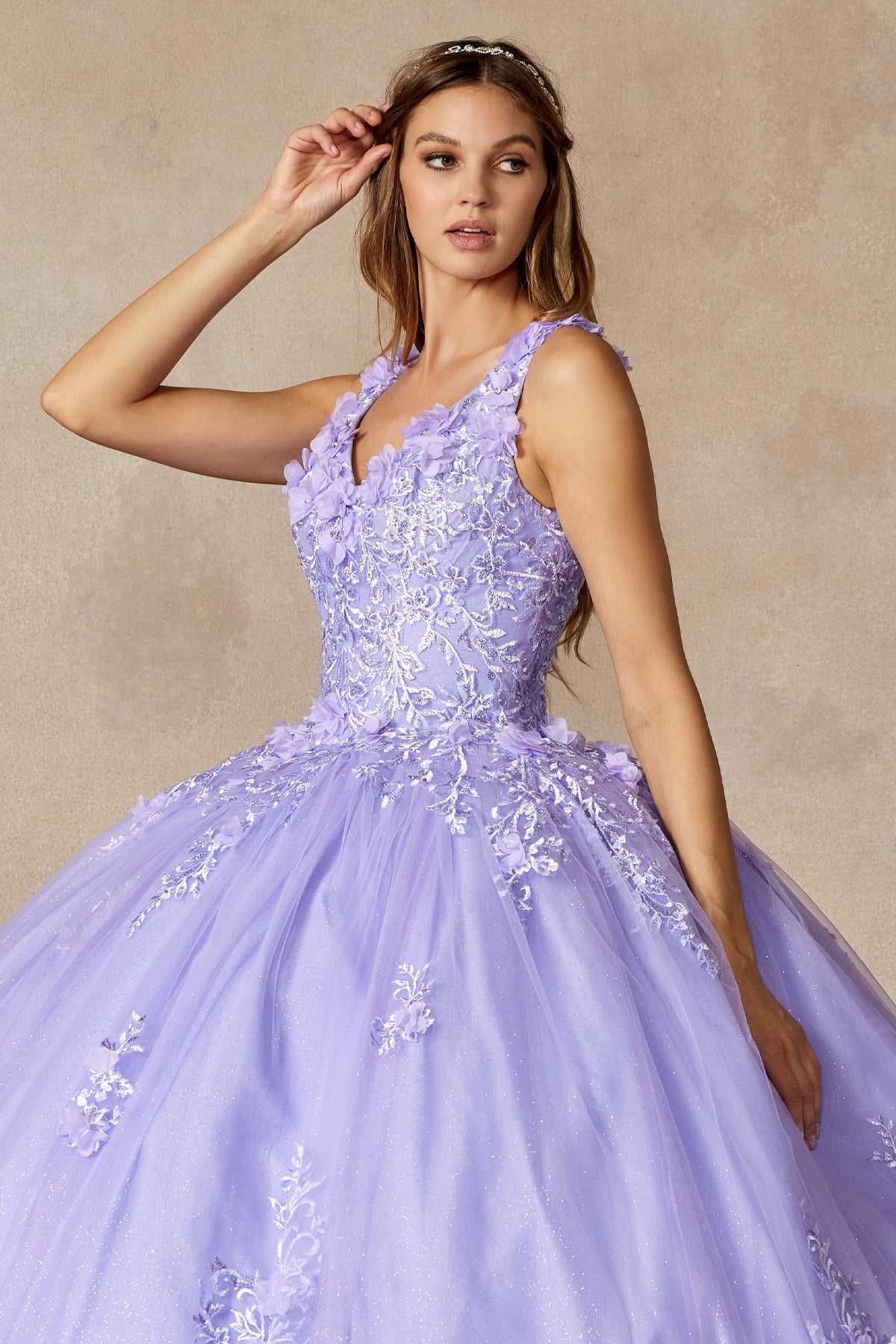 Quinceniera Dresses Long 3D Floral Applique Ball Gown Quinceanera Dress Juliet JT1437 Lilac