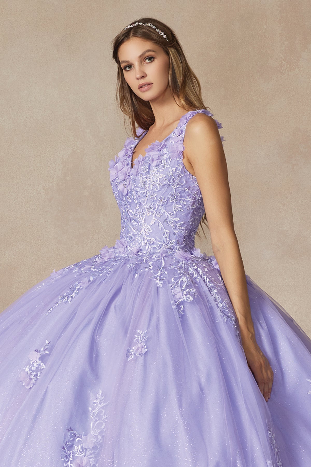 Quinceniera Dresses Long 3D Floral Applique Ball Gown Quinceanera Dress Juliet JT1437 Lilac