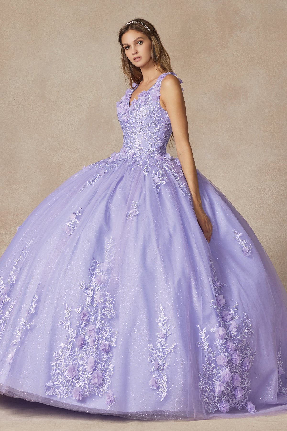 Quinceniera Dresses Long 3D Floral Applique Ball Gown Quinceanera Dress Juliet JT1437 Lilac