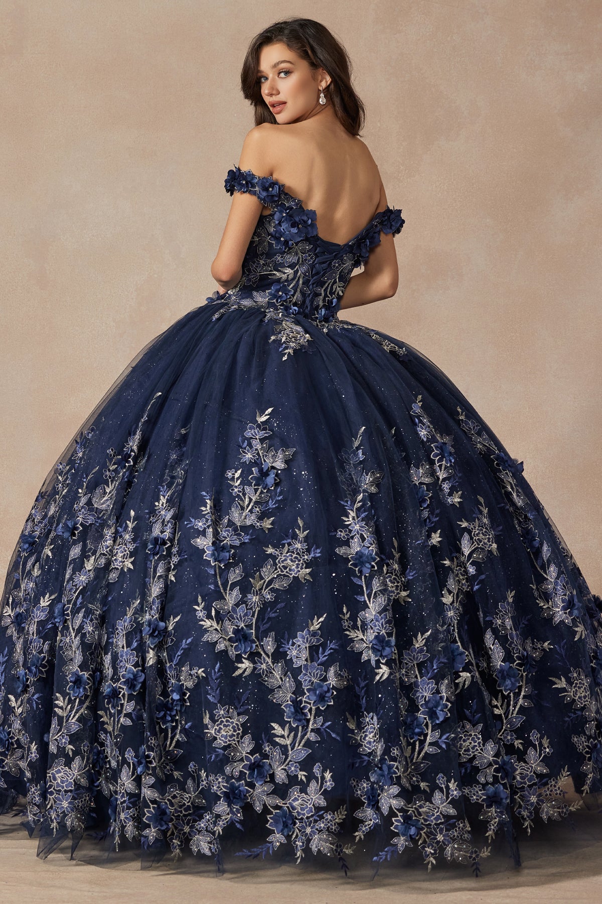 Quinceniera Dresses Long Ball Gown Floral Quinceniera Dress Juliet JT1447 Navy Blue