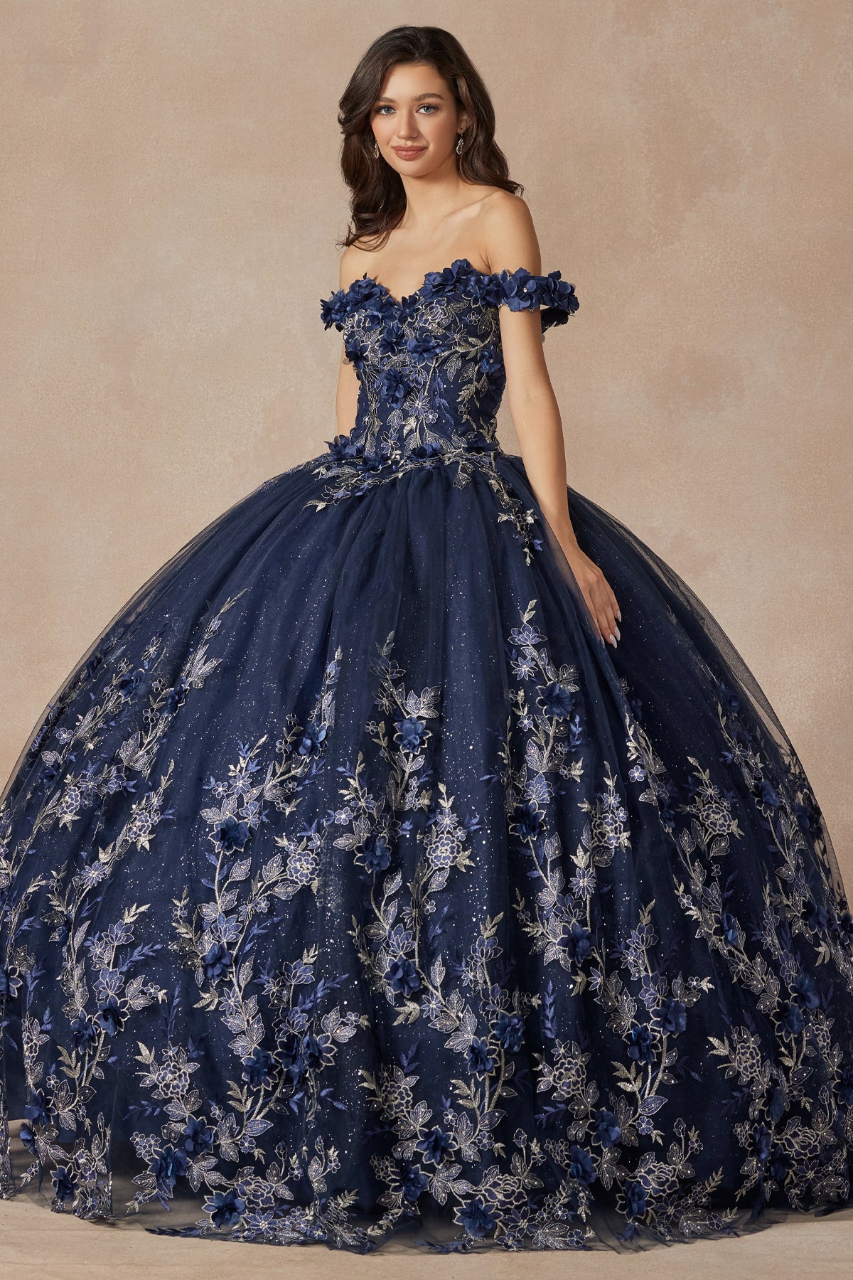 Quinceniera Dresses Long Ball Gown Floral Quinceniera Dress Juliet JT1447 Navy Blue