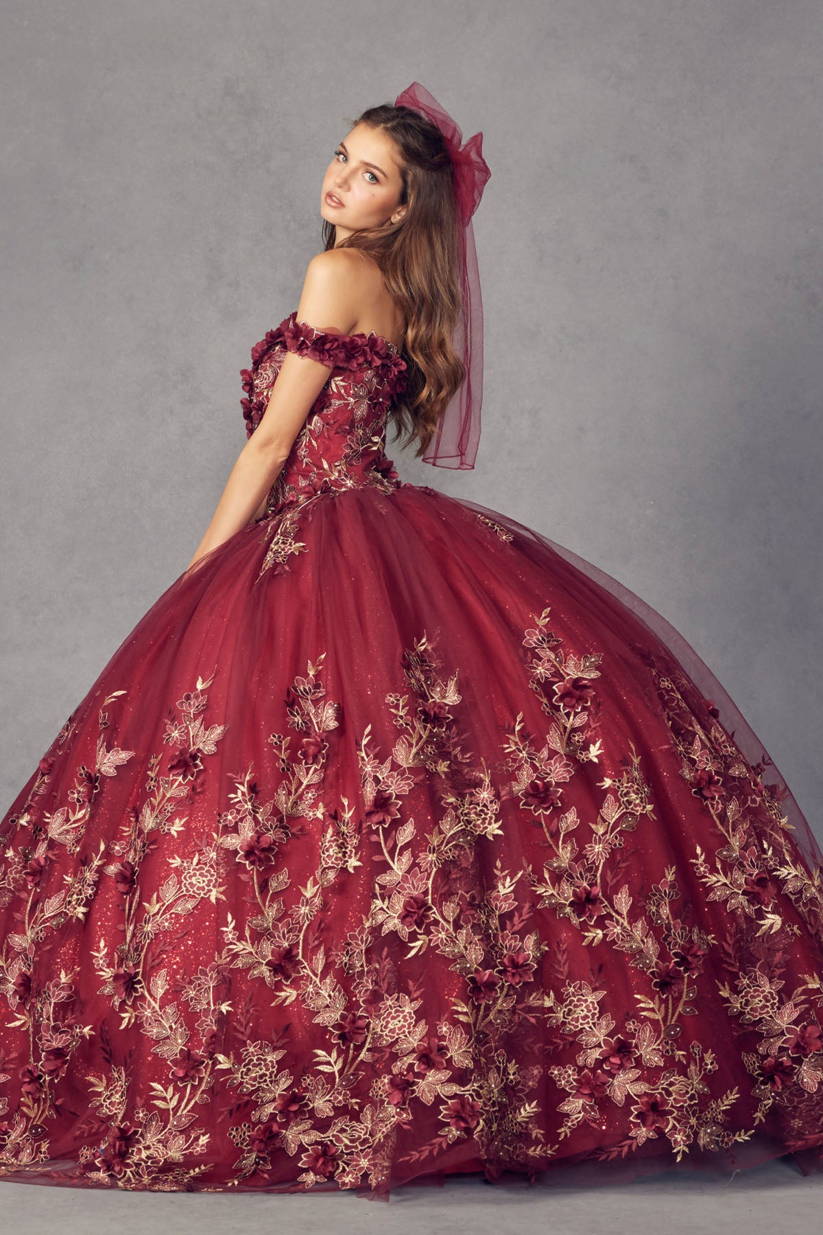 Quinceniera Dresses Long Ball Gown Floral Quinceniera Dress Juliet JT1447 Burgundy
