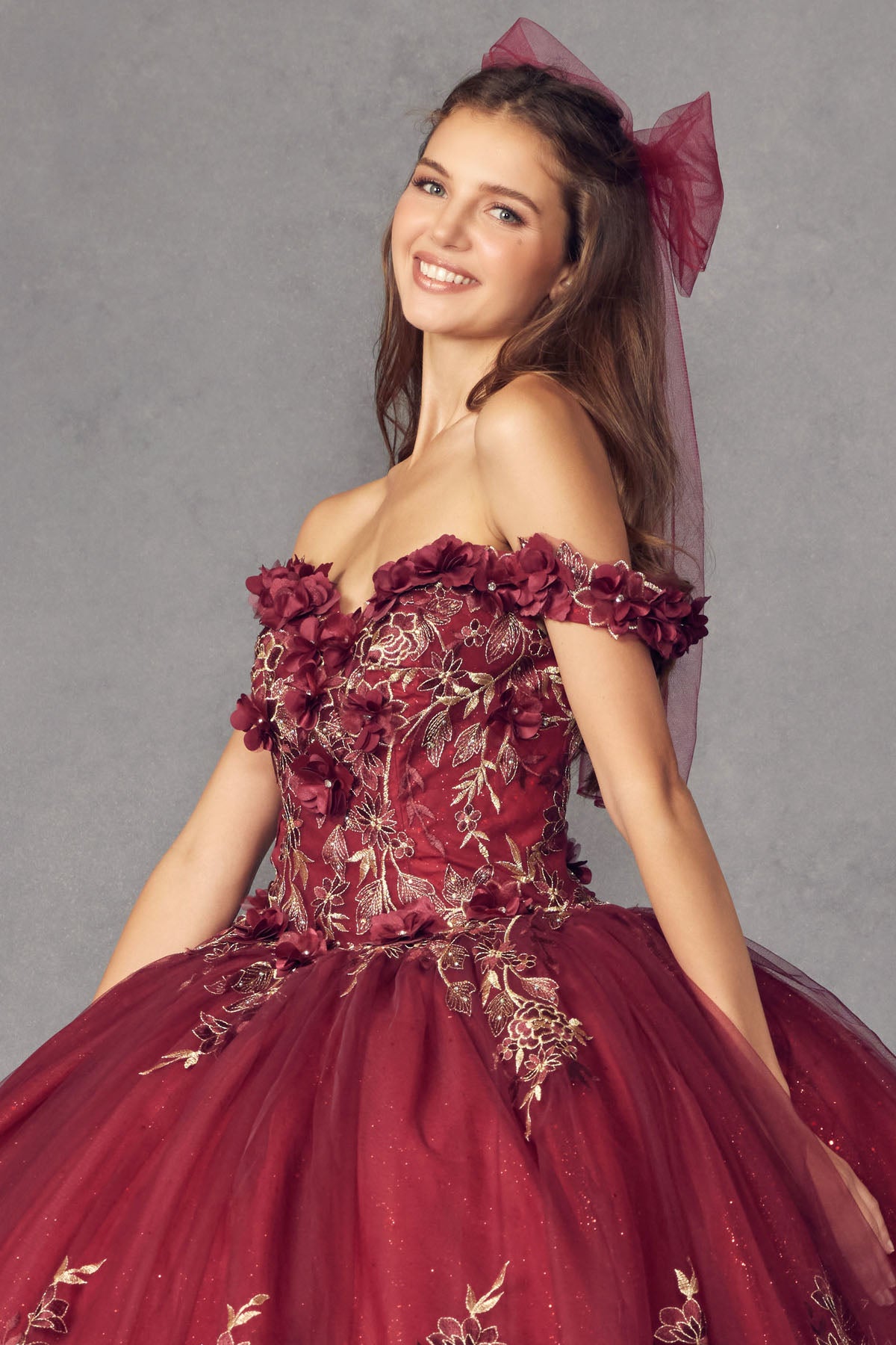 Quinceniera Dresses Long Ball Gown Floral Quinceniera Dress Juliet JT1447 Burgundy