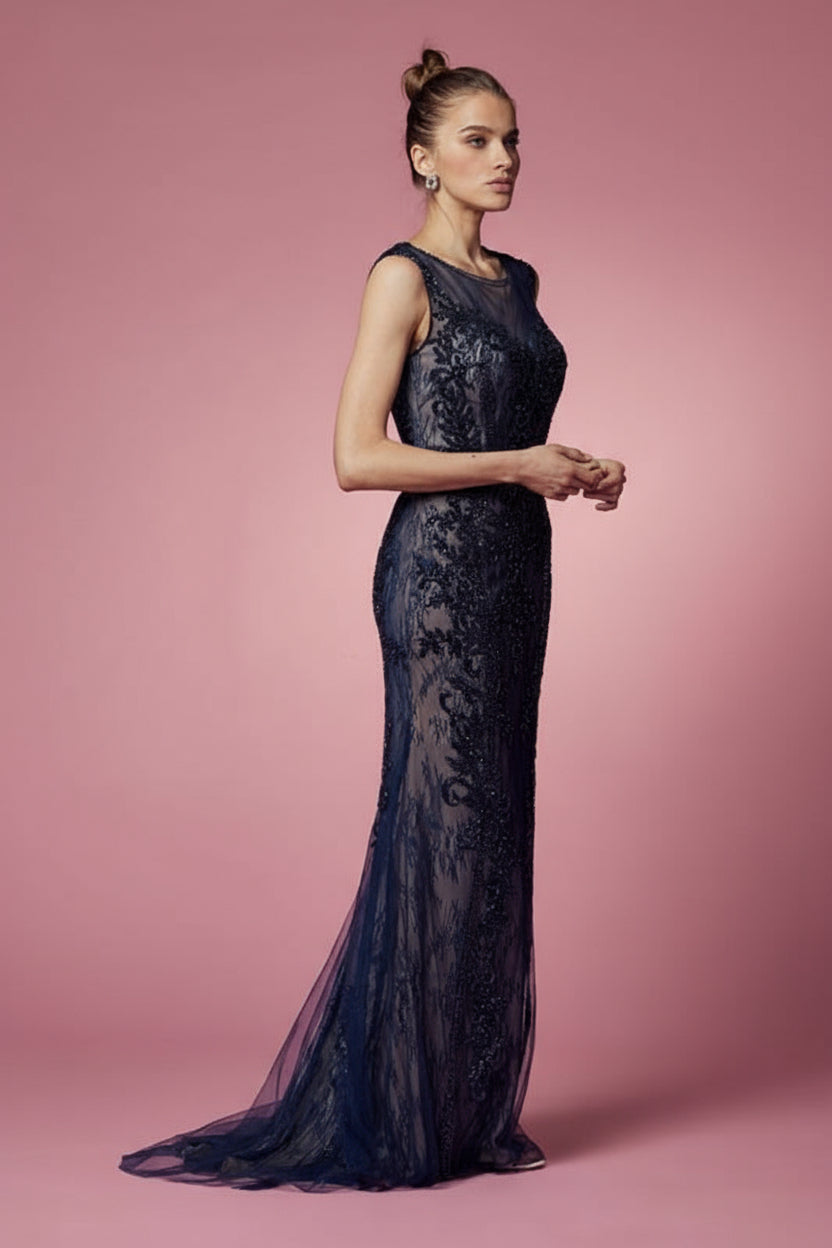 Formal Dresses Fitted Long Applique Formal Dress Navy Blue