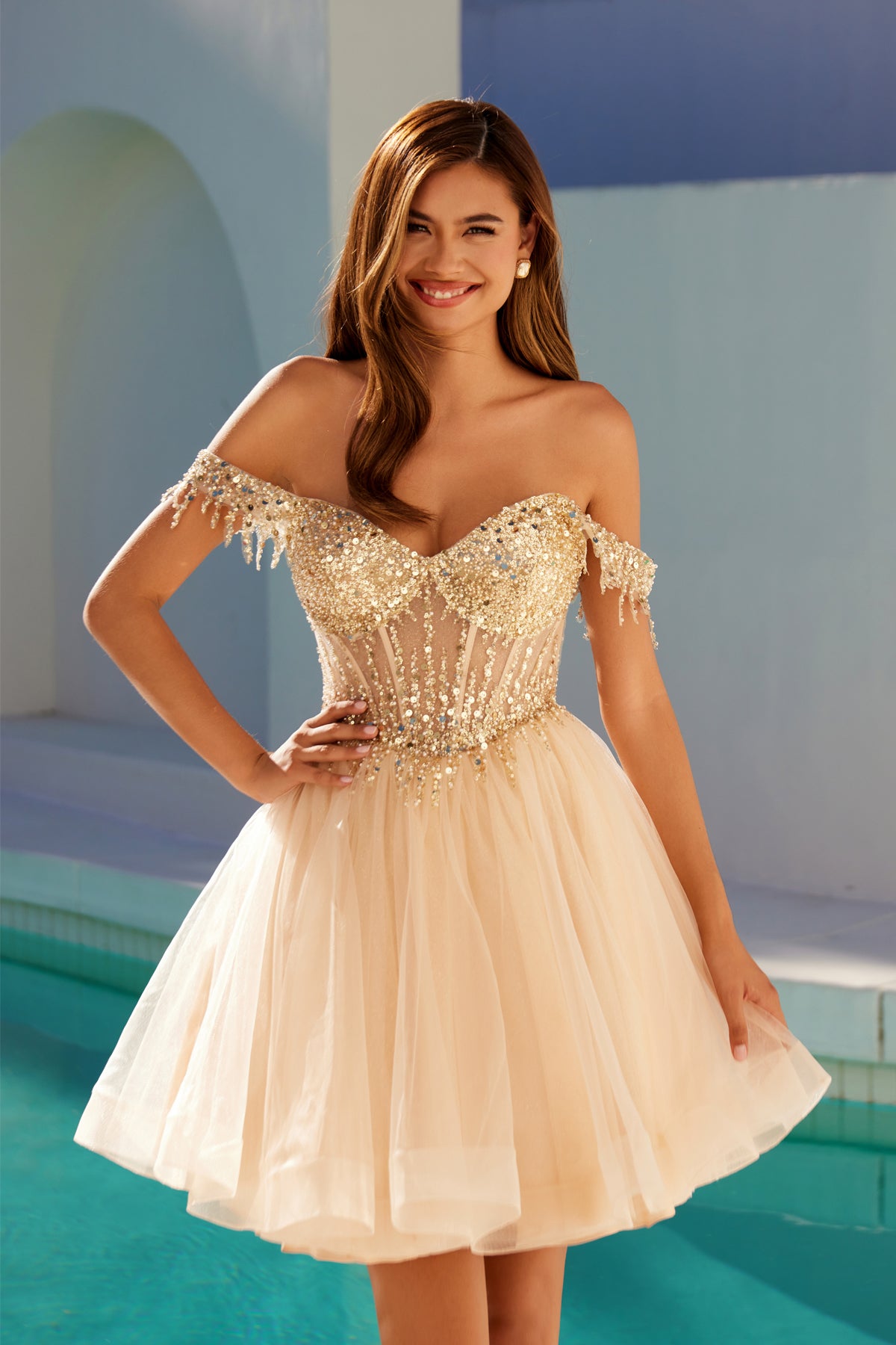 Cocktail Dresses Short Cocktail Beaded Homecoming Fitted Dress Champagne