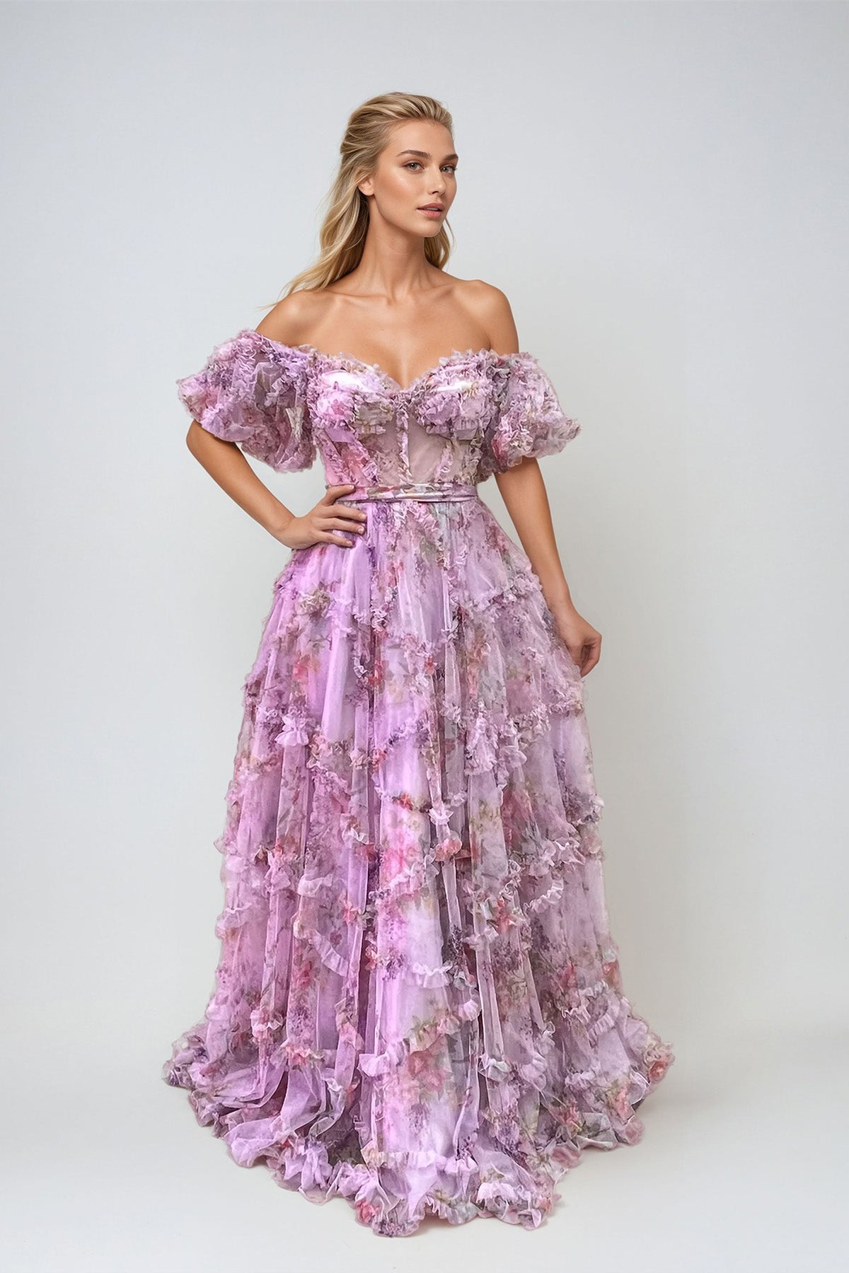 Prom Dresses A Line Long Formal Printed Ruffle Prom Dress Lilac