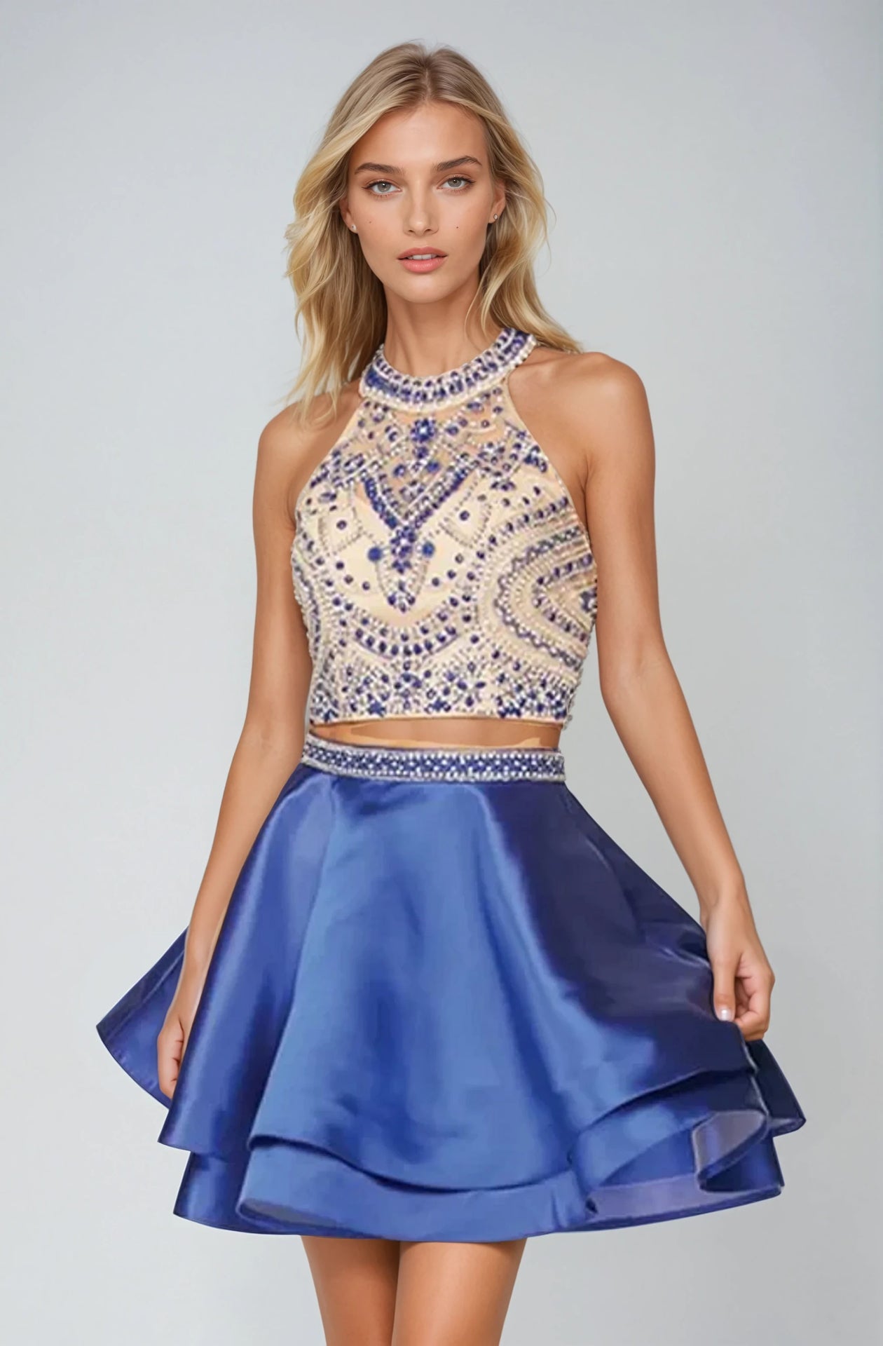 Cocktail Dresses Short Cocktail Two Piece Beaded Layered Dress Royal Blue