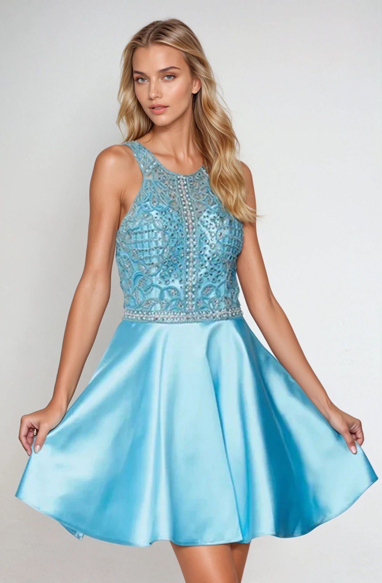 Turquoise High Neck Short Length Satin Dress with Beaded Bodice Cocktail Dress Juliet 779