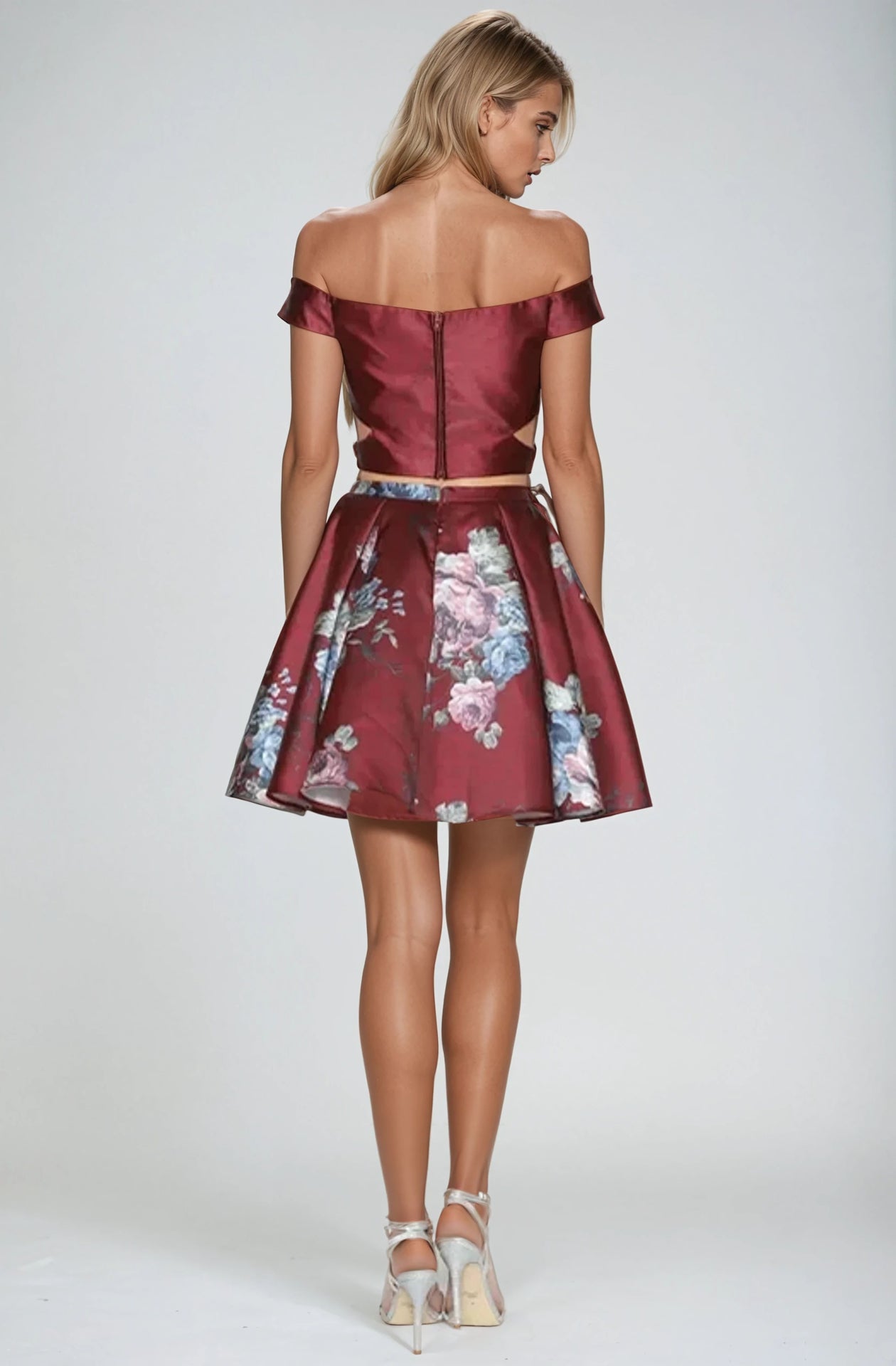 Homecoming Dresses Short Floral Print Two Piece Homecoming Dress Burgundy
