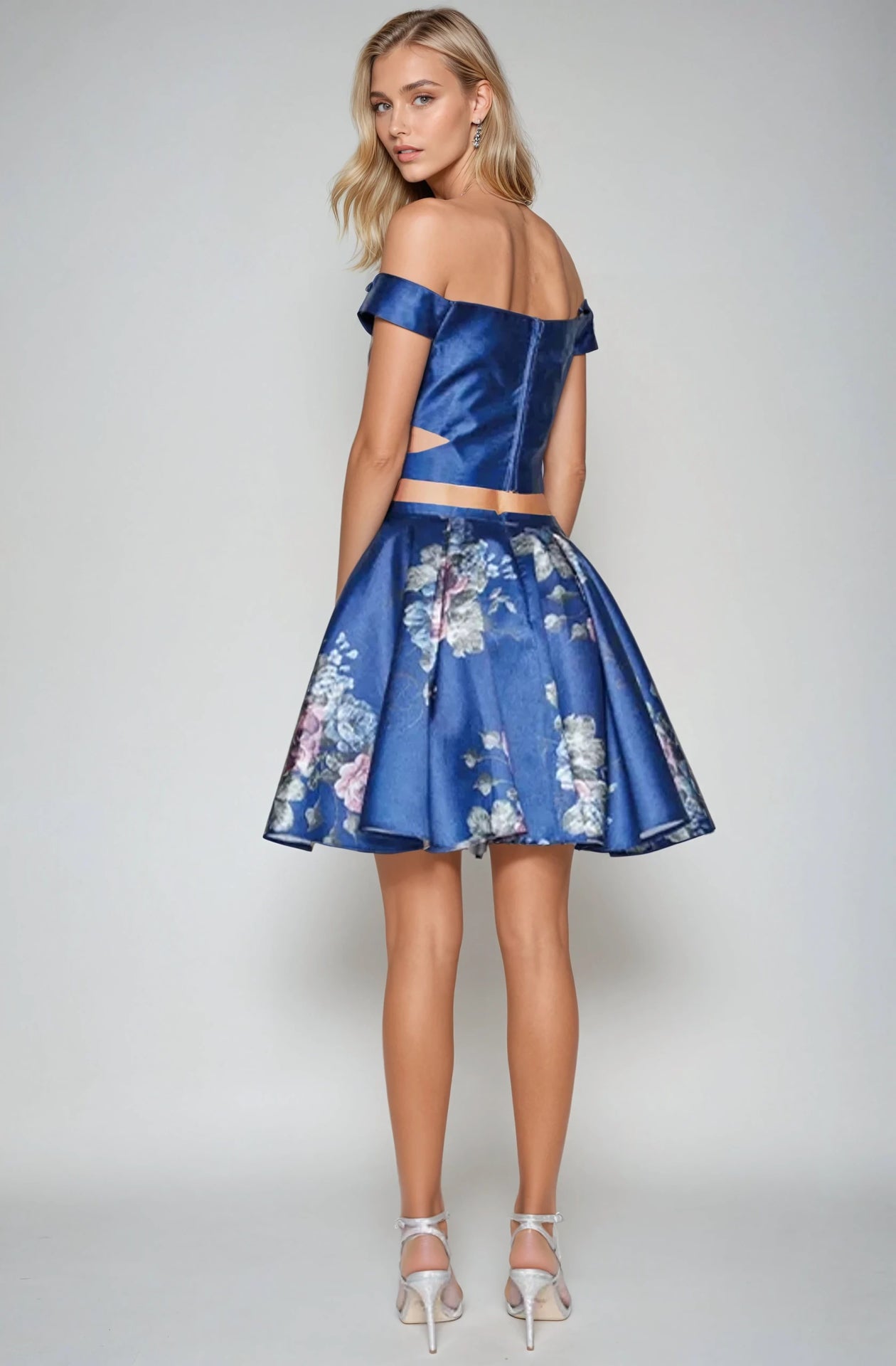 Homecoming Dresses Short Floral Print Two Piece Homecoming Dress Navy Blue