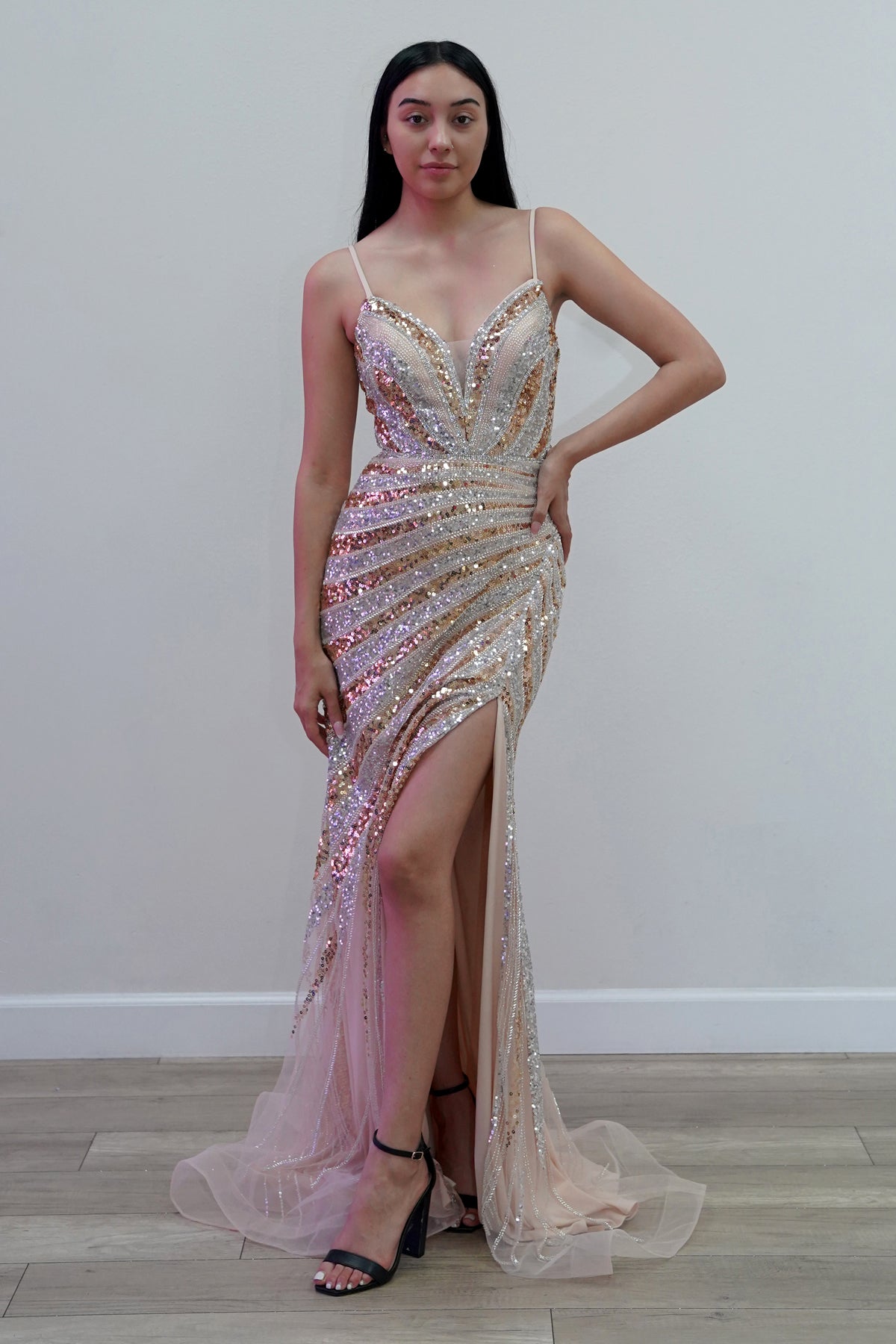 Prom Dresses Long Formal Fitted Slit Prom Dress Juliet JT2625U Champagne/Silver