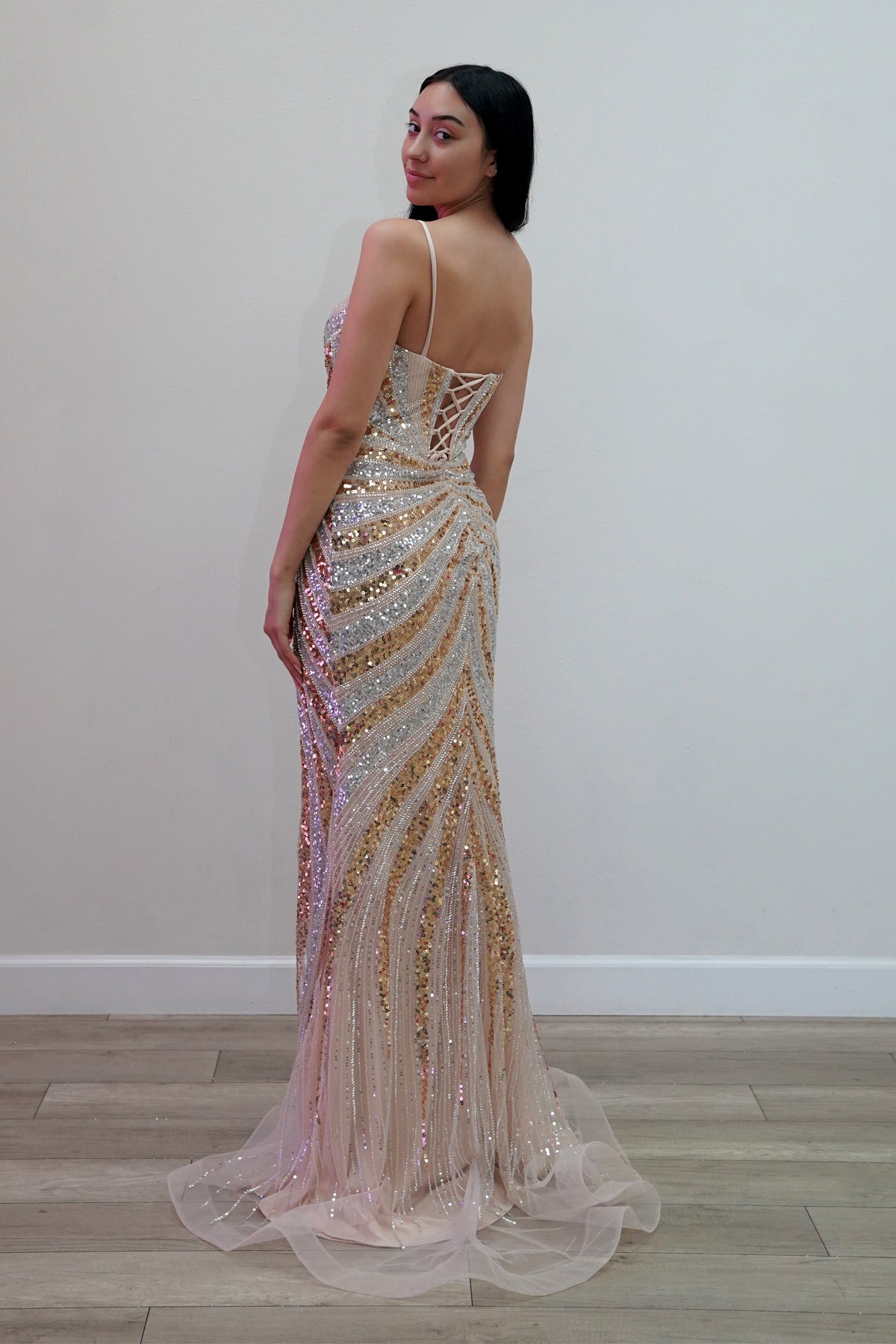 Prom Dresses Long Formal Fitted Slit Prom Dress Juliet JT2625U Champagne/Silver