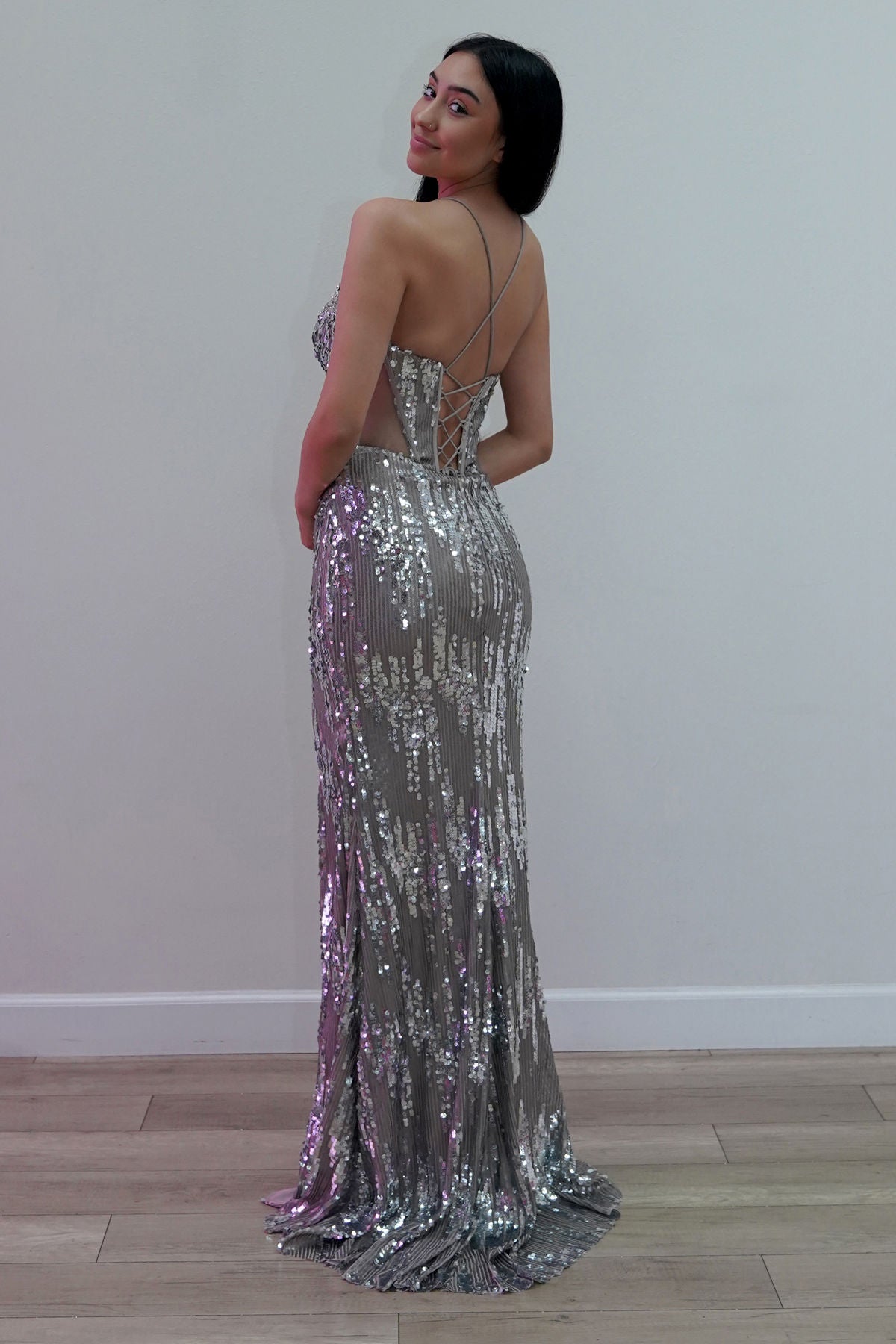Taupe Plunge Neck Floor-Length Sequin Gown with High Slit Formal Dress Juliet JT2661S