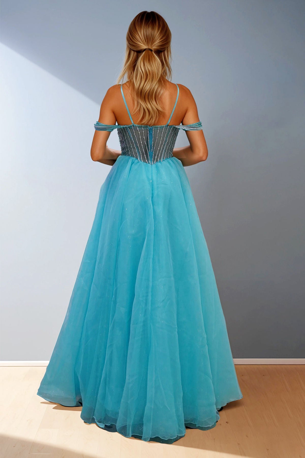 Aqua Blue Strapless Corset Satin Gown with Flowing Skirt and High Slit Formal Gown Juliet JT2665S