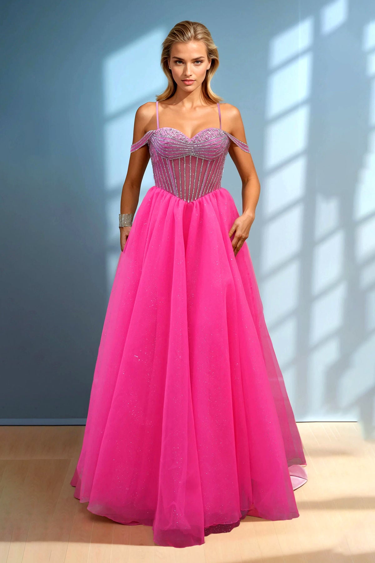 Neon Pink Strapless Corset Satin Gown with Flowing Skirt and High Slit Formal Gown Juliet JT2665S