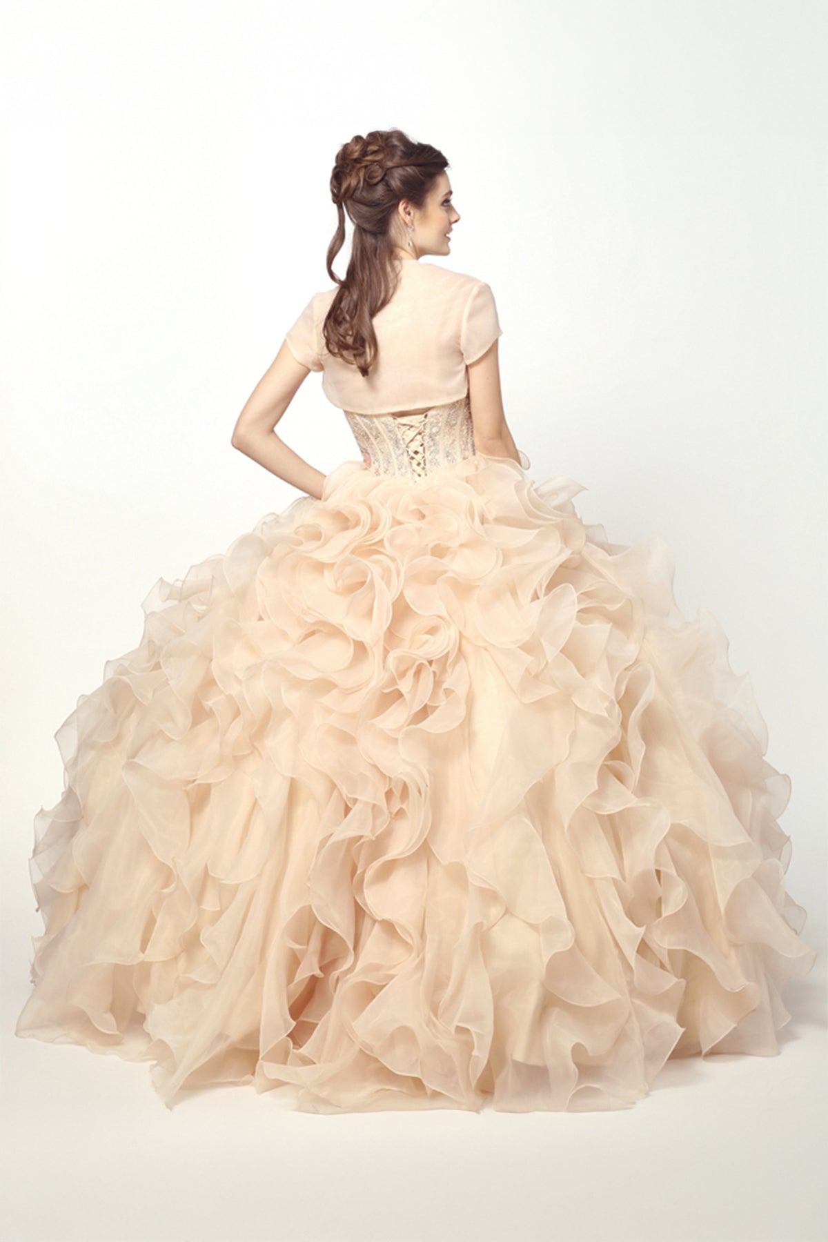 Quinceniera Dresses Beaded Corset Long Ball Gown Ruffle Quinceanera Dress Juliet JT1418 Champagne