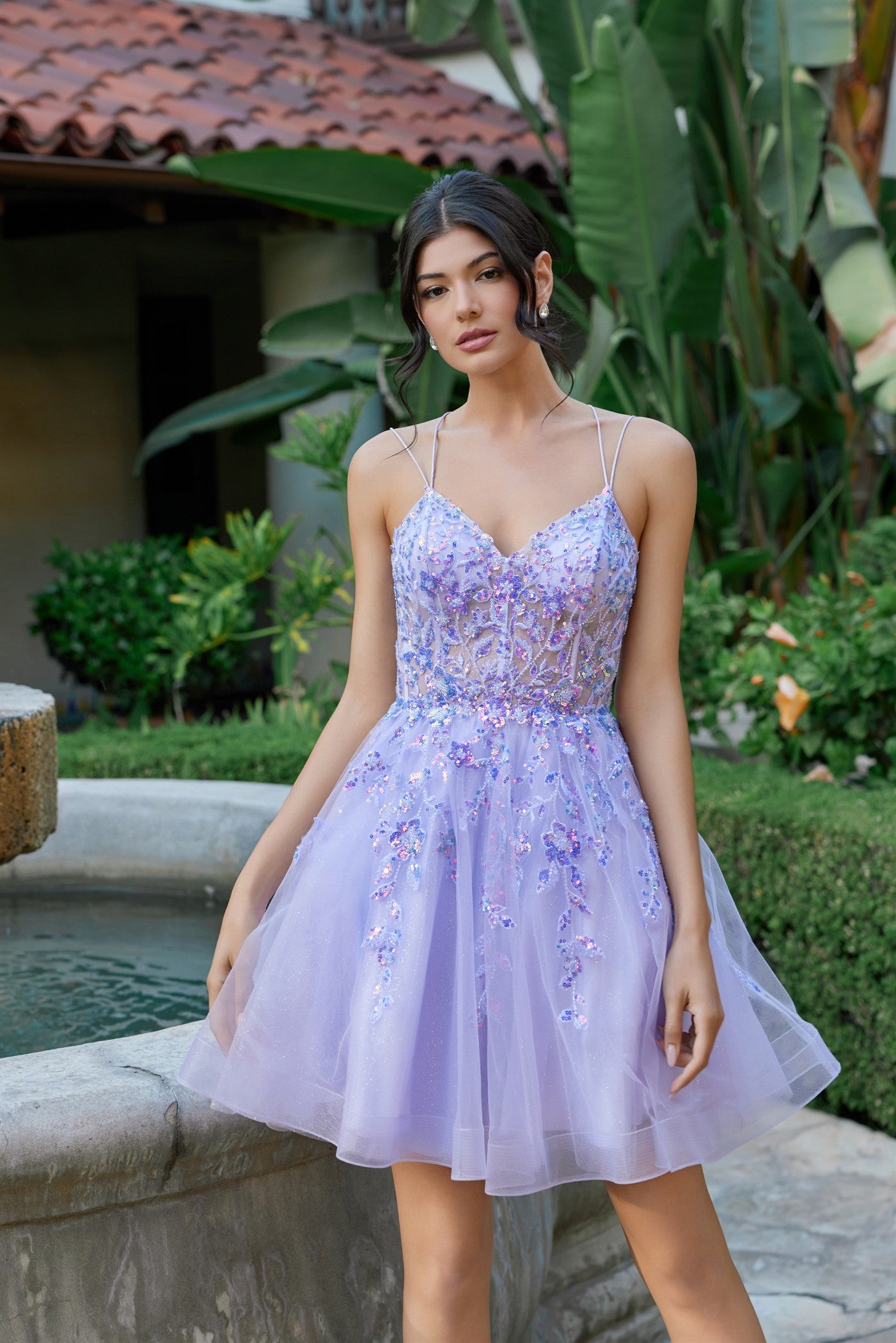 Cocktail Dresses Mini Homecoming Lace Floral Sequin Cocktail Dress Lilac