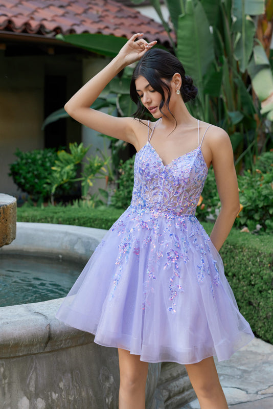 Cocktail Dresses Mini Homecoming Lace Floral Sequin Cocktail Dress Lilac