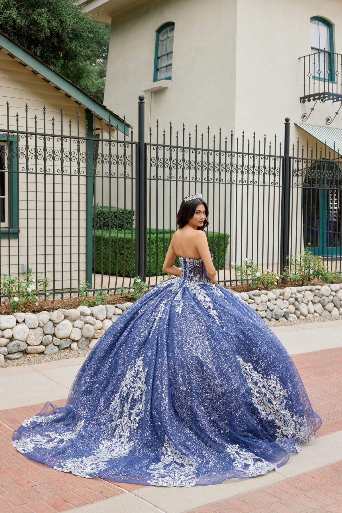 Quinceniera Dresses Long Lace Applique Glitter Quinceniera Dress Juliet JT1512H Navy Blue