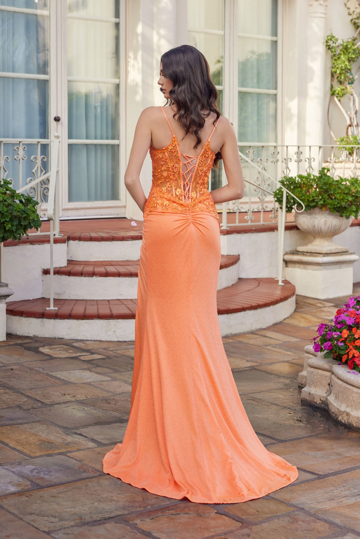 Prom Dresses Floral Long Formal Fitted Evening Prom Dress Orange