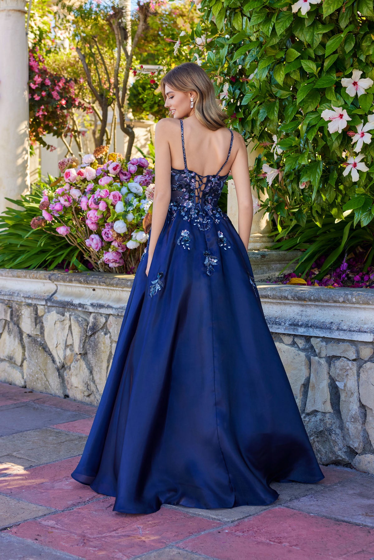 Prom Dresses Evening Long Formal 3D Floral Prom Dress Navy Blue