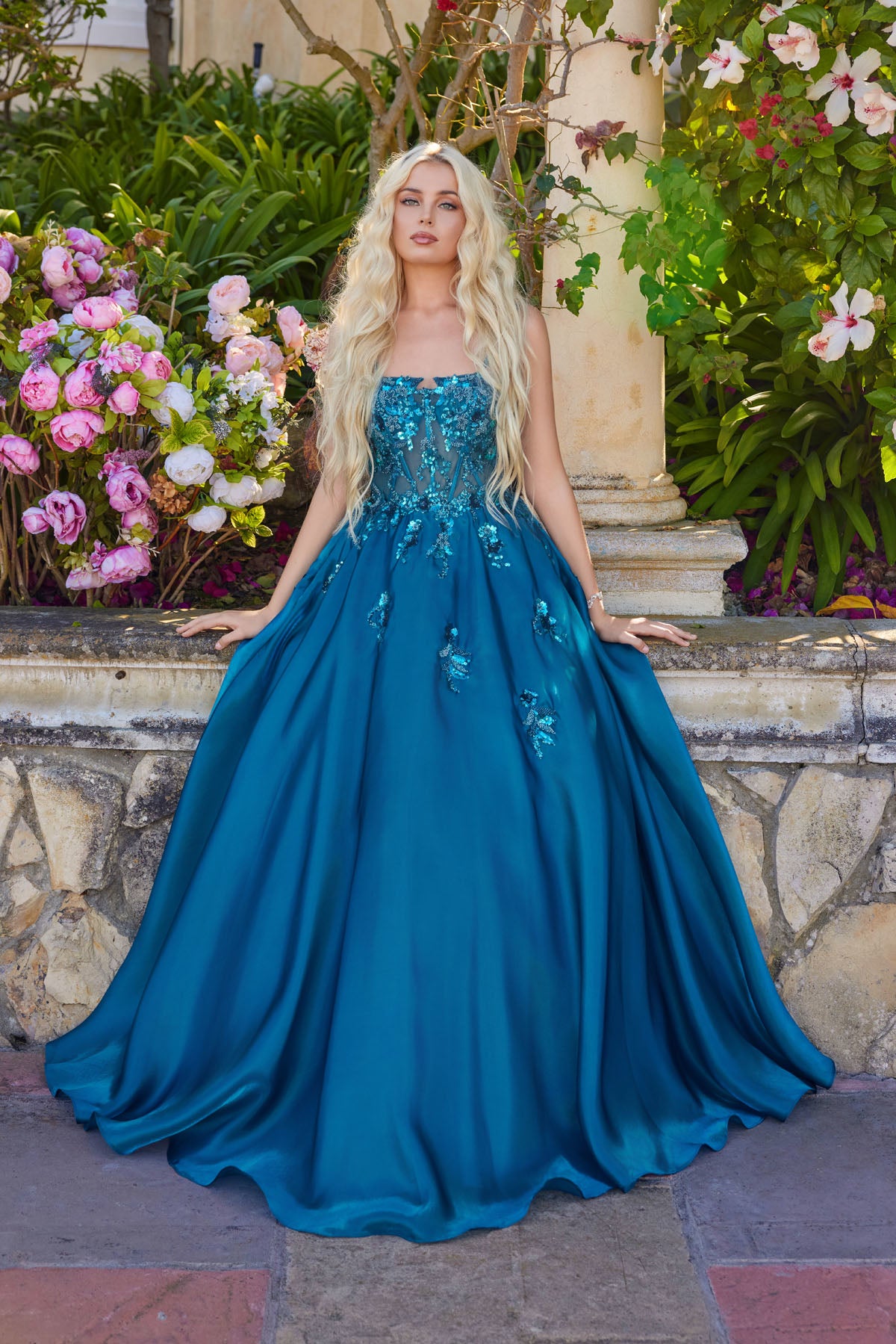 Prom Dresses Evening Long Formal 3D Floral Prom Dress Teal