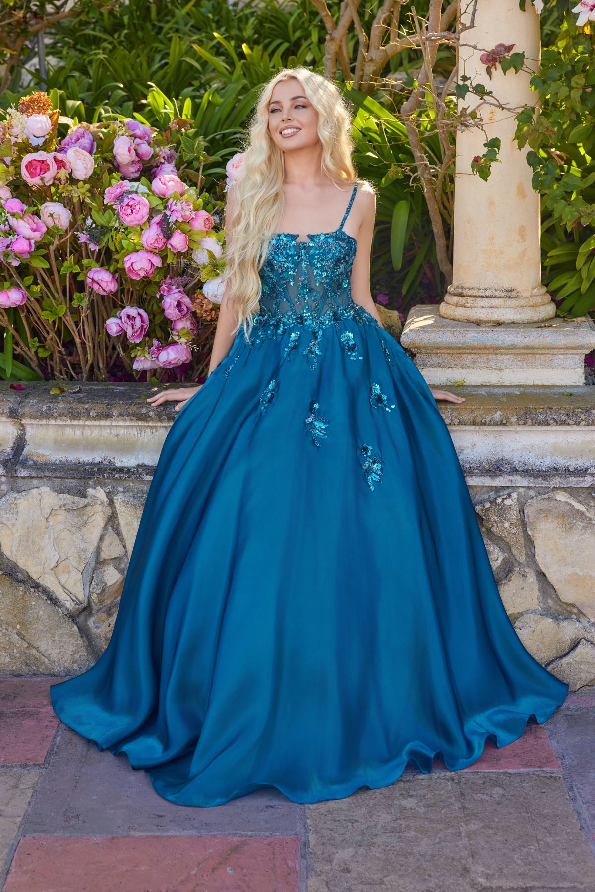 Prom Dresses Evening Long Formal 3D Floral Prom Dress Teal