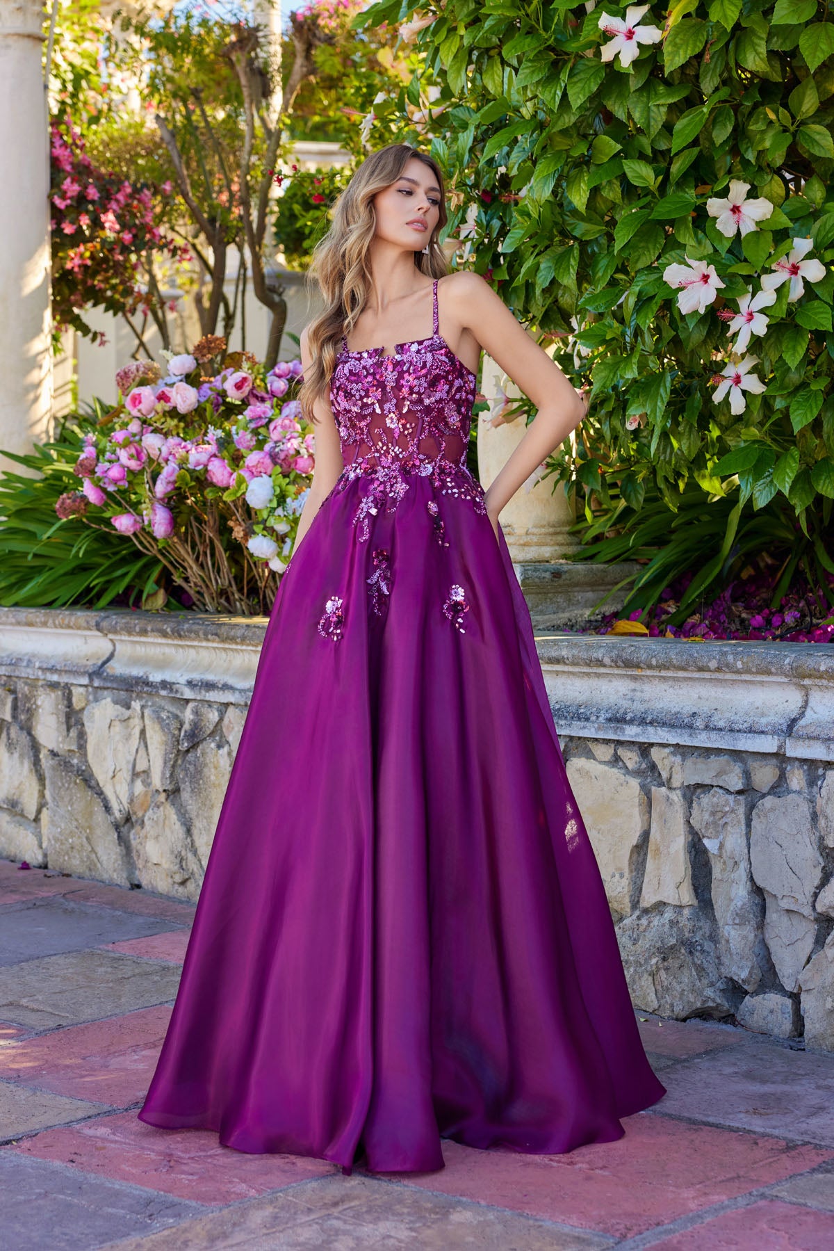 Prom Dresses Evening Long Formal 3D Floral Prom Dress Wine