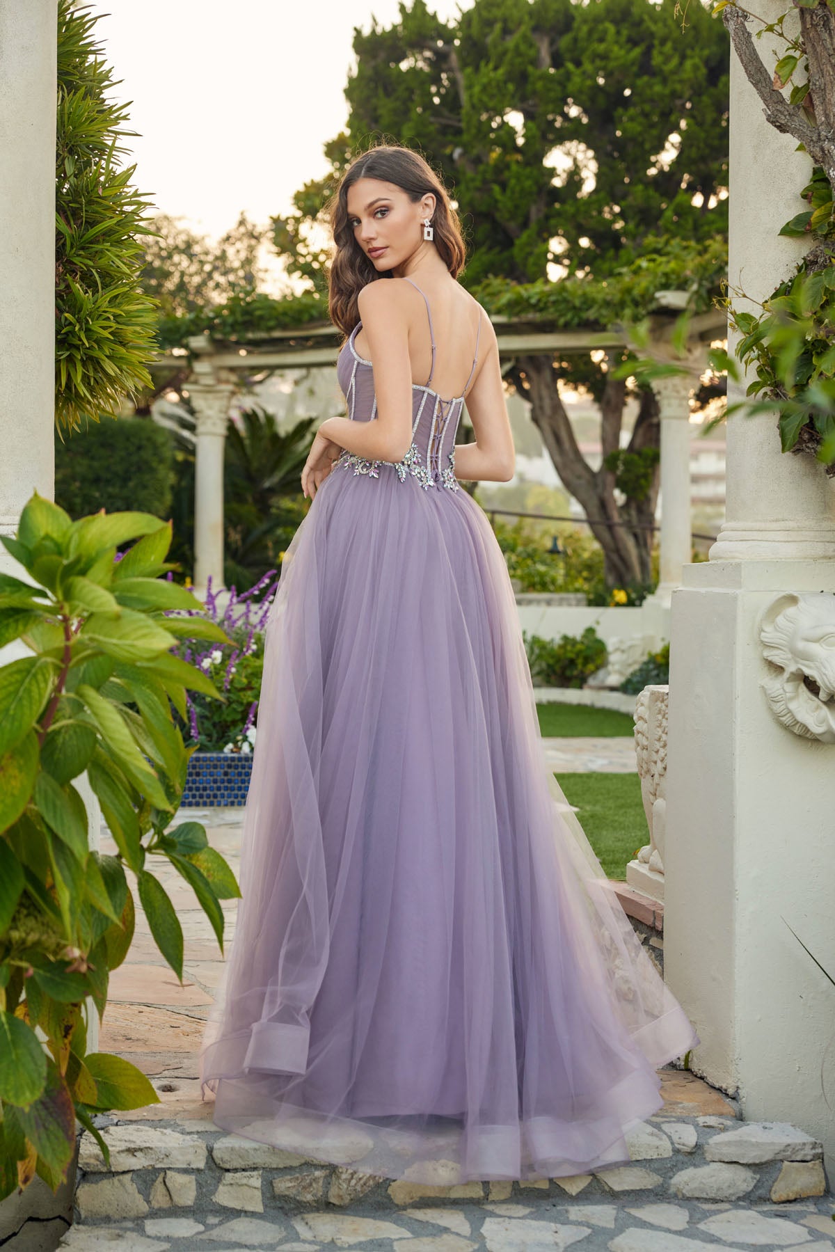 Prom Dresses Floral Applique Long Formal Corset Beaded A Line Prom Dress Grey Purple