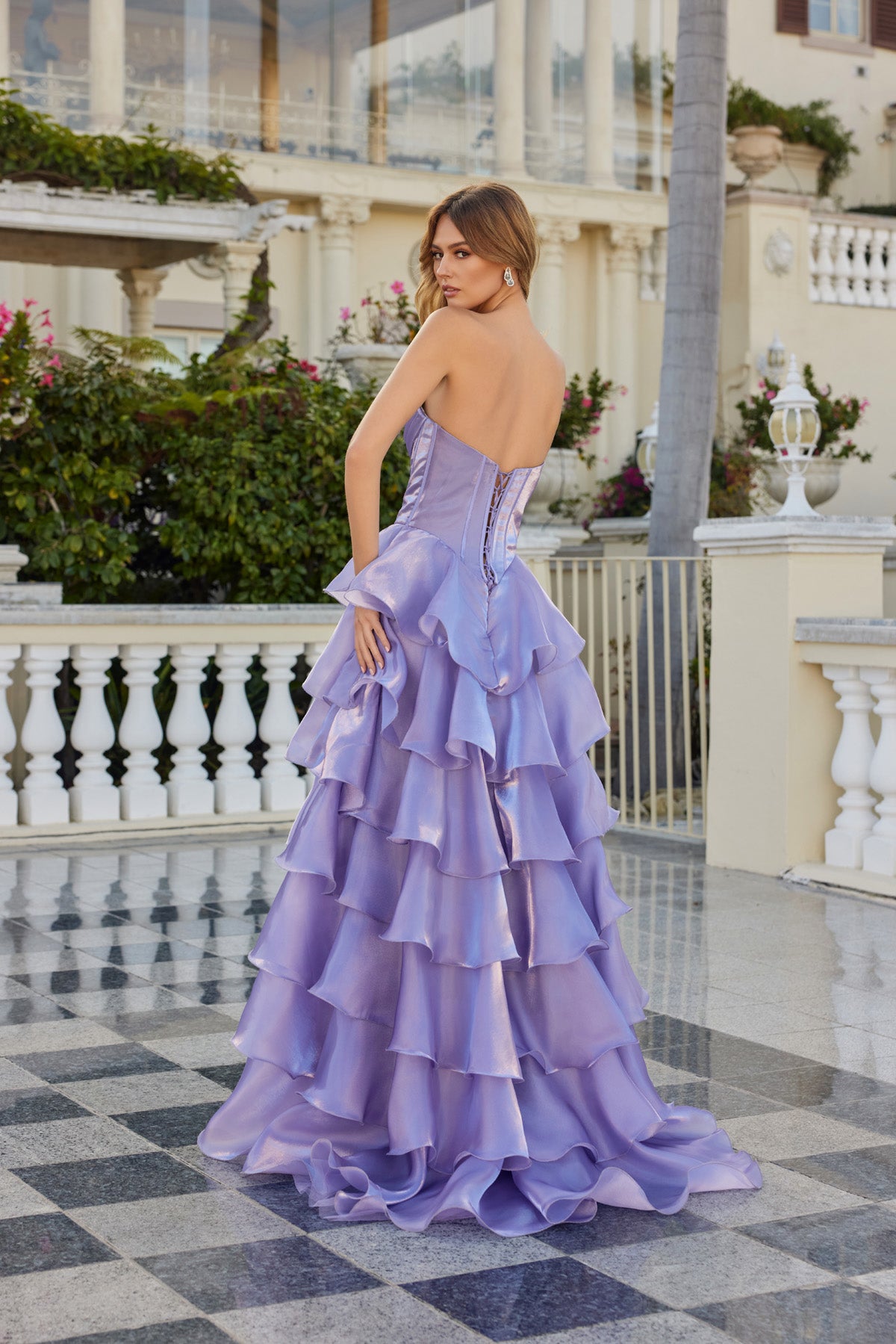 Prom Dresses Beaded Long Formal Fitted Ruffle Prom Dress Deep Lavender