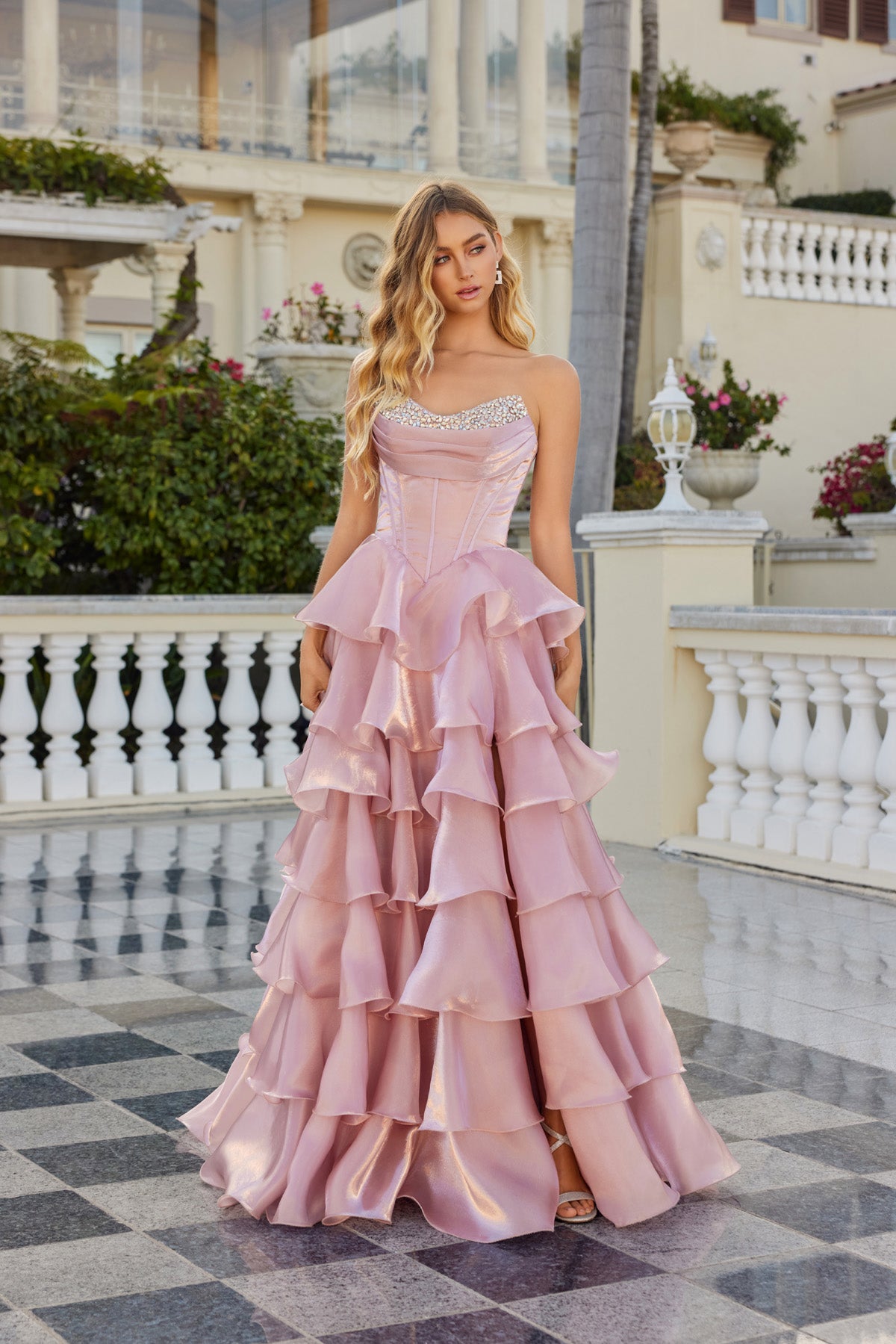 Prom Dresses Beaded Long Formal Fitted Ruffle Prom Dress Dusty Rose