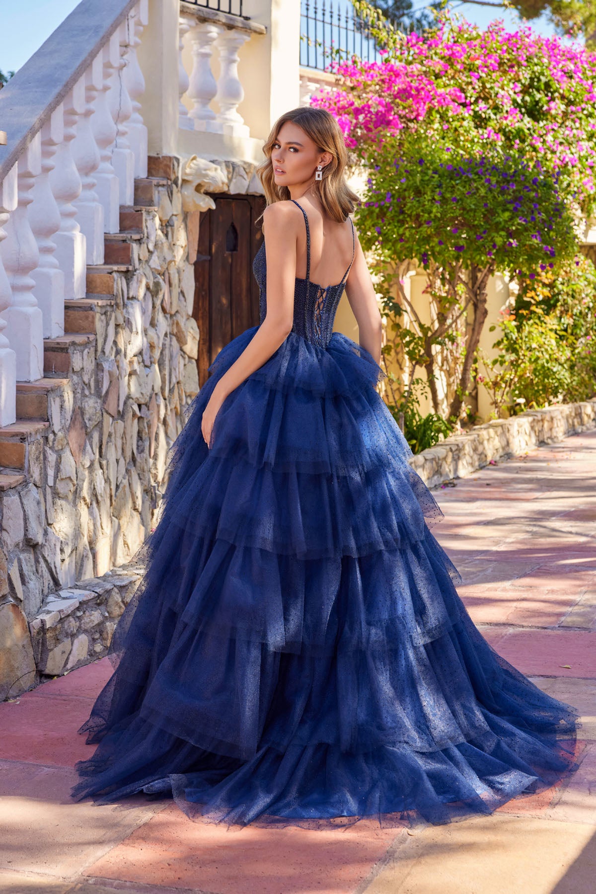 Prom Dresses Corset Beaded Long Formal Glitter Ruffle Ball Gown Prom Dress Navy Blue