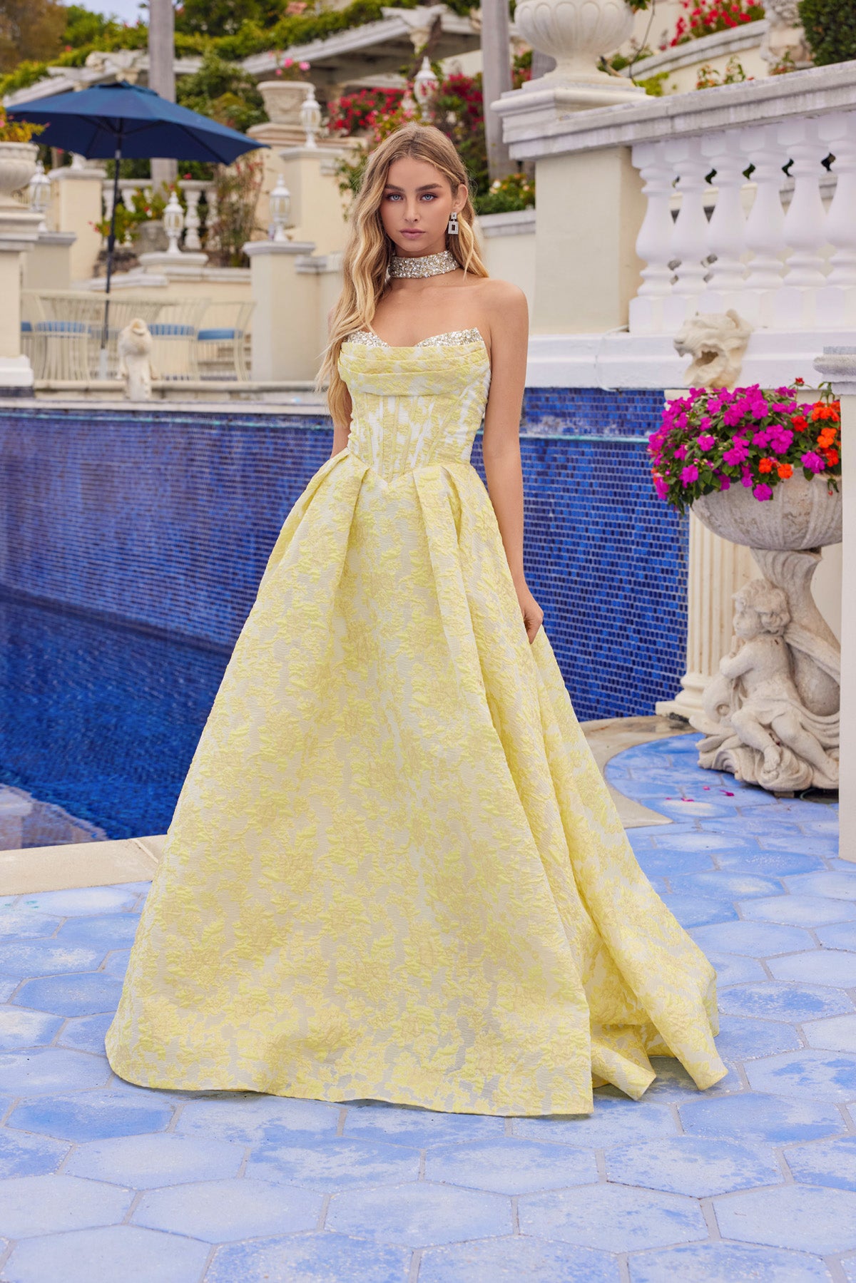 Prom Dresses Long Formal Beaded Fitted Floral Ball Gown Prom Dress Yellow