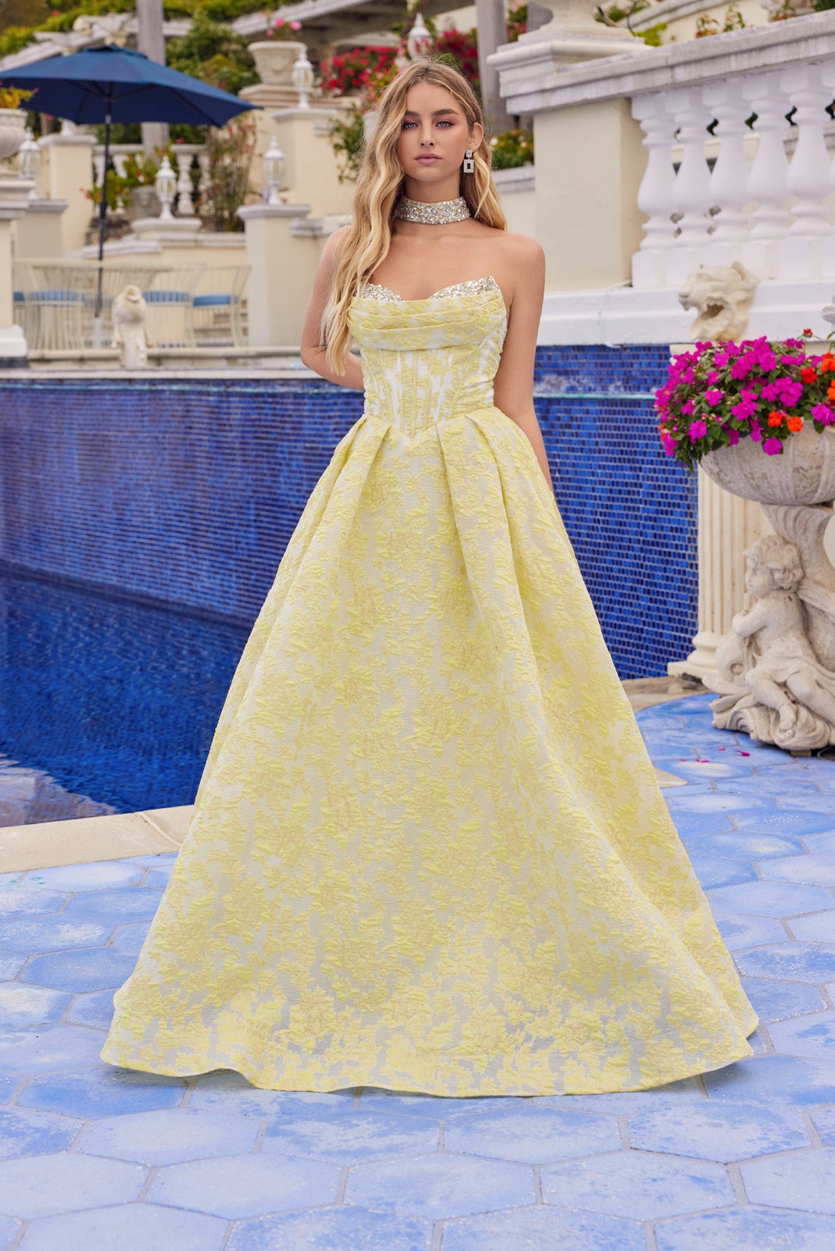 Prom Dresses Long Formal Beaded Fitted Floral Ball Gown Prom Dress Yellow