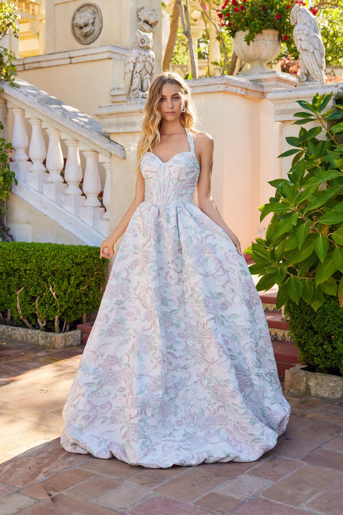 Prom Dresses Corset Long Formal Ball Gown Floral Prom Dress Blush Garden
