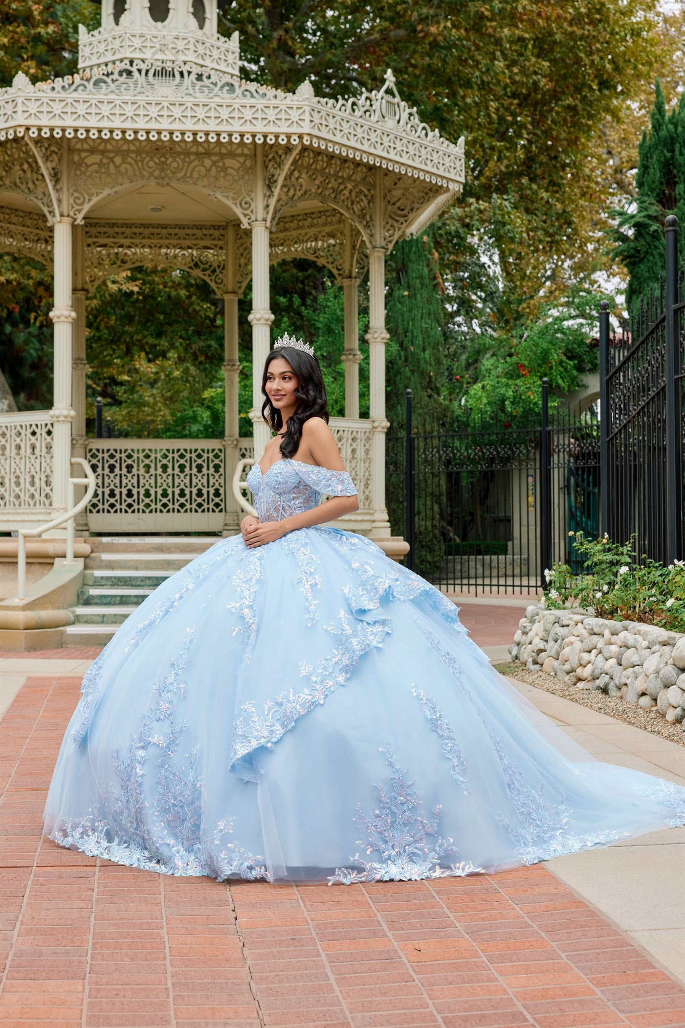 Quinceniera Dresses Long Floral Lace Ball Gown Quinceniera Dress Juliet JT1498J Bahama Blue
