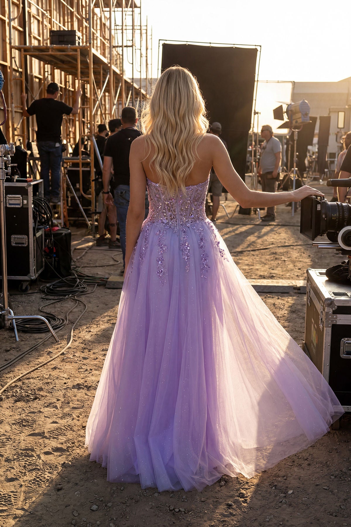 Lilac Strapless Floor-Length Tulle Gown with Sheer Slit Skirt Embroidered Prom Gown Juliet JT2622U