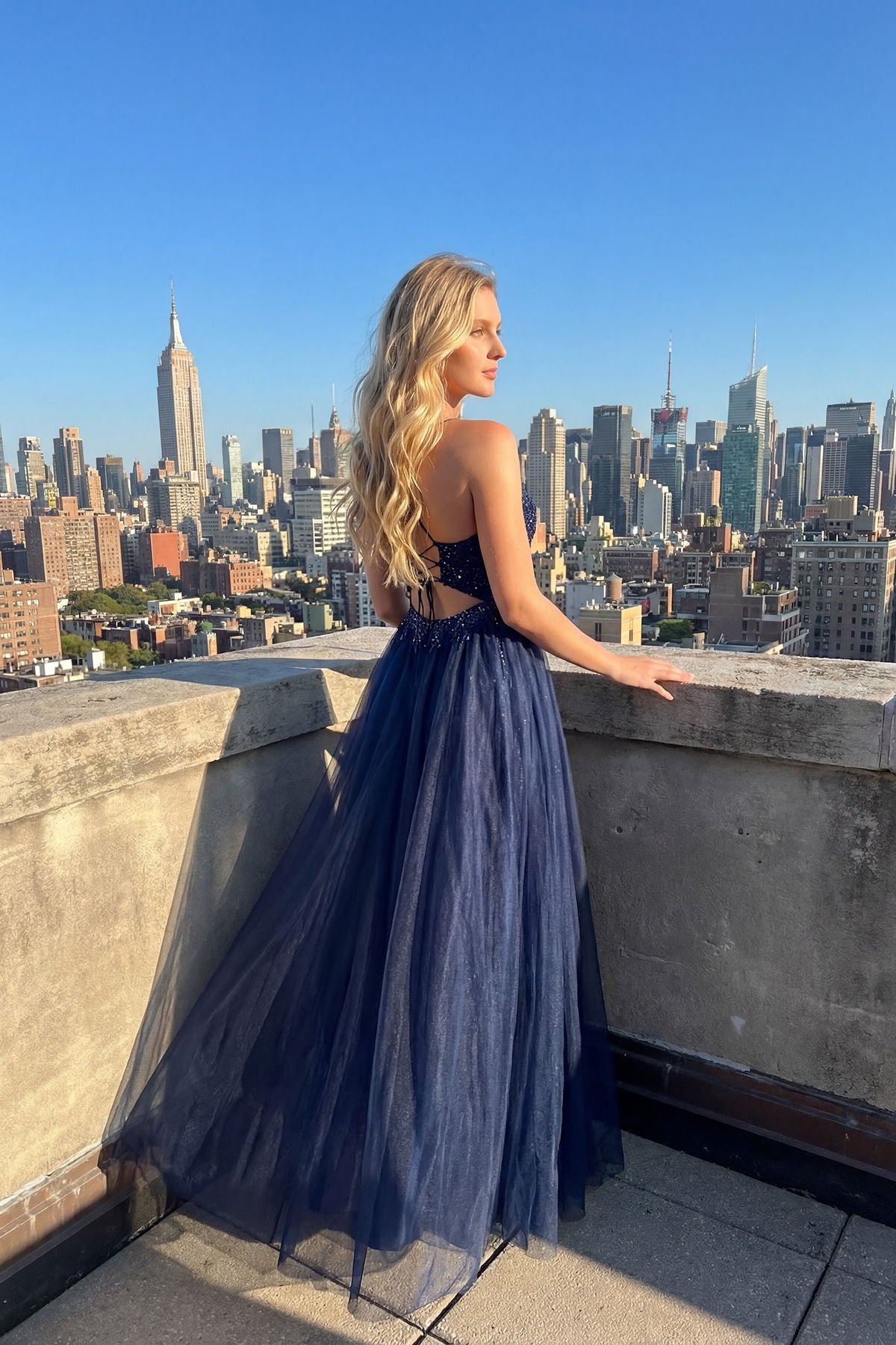Navy Blue V-Neck Floor-Length Satin Gown with Beaded Corset Bodice and Flowing Skirt Prom Gown Juliet JT2668S