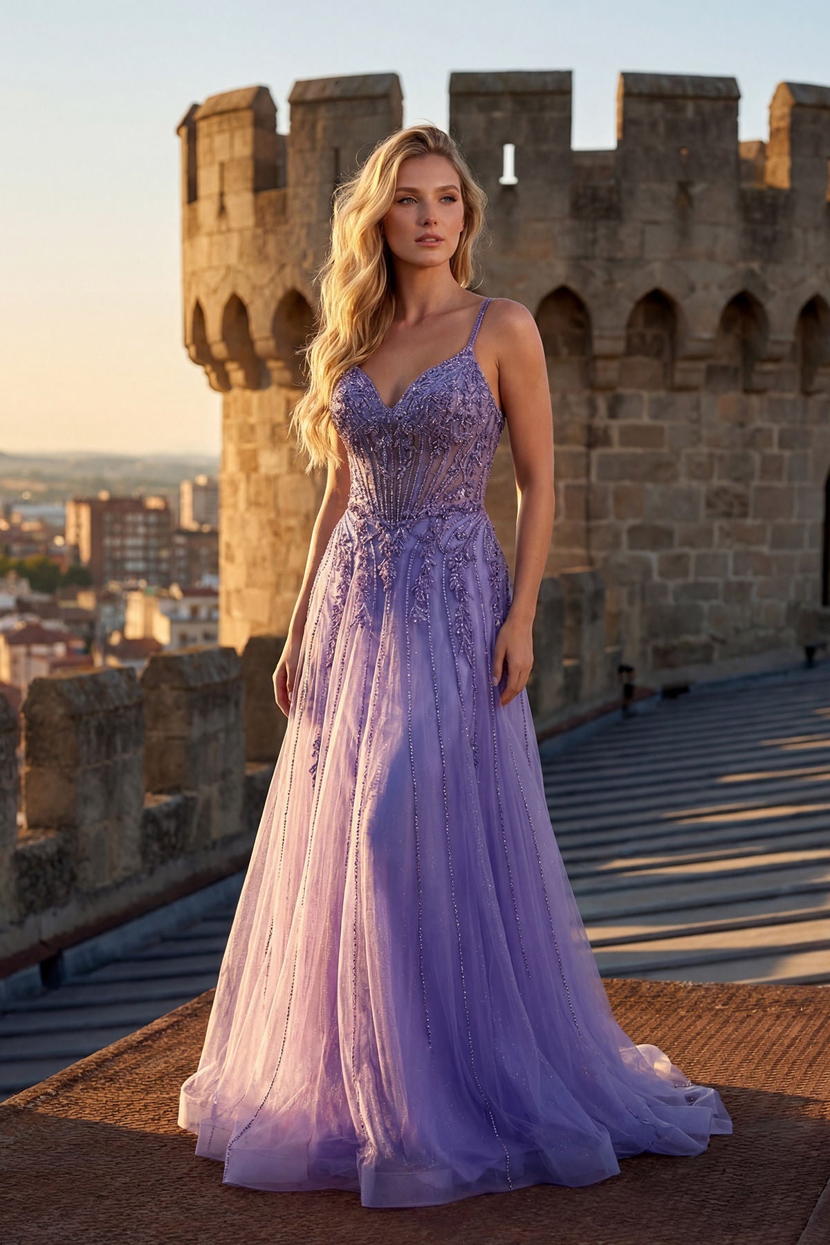 Lilac V-Neck Floor-Length Beaded Dress with High Slit Formal Gown Juliet JT2710T