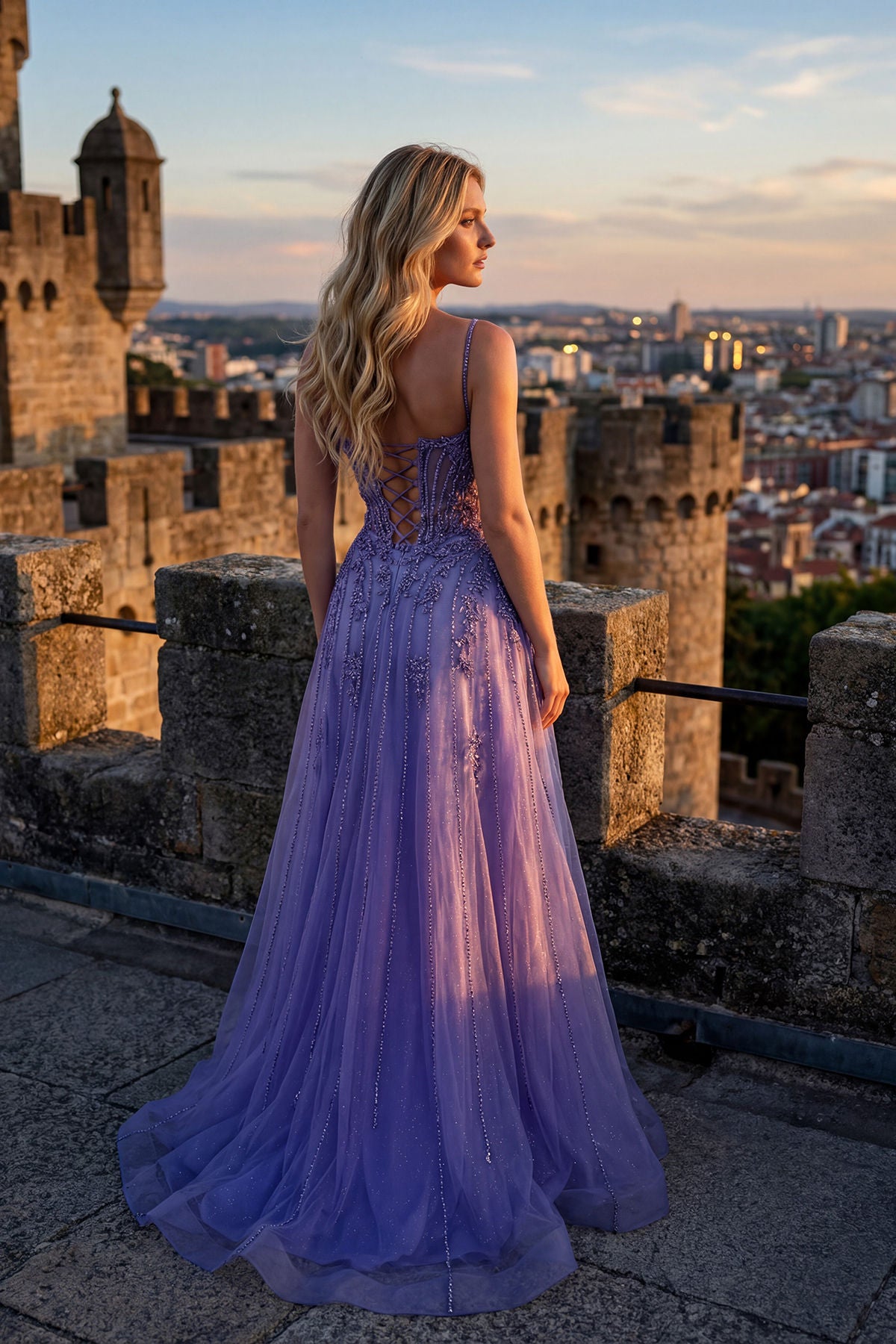 Lilac V-Neck Floor-Length Beaded Dress with High Slit Formal Gown Juliet JT2710T