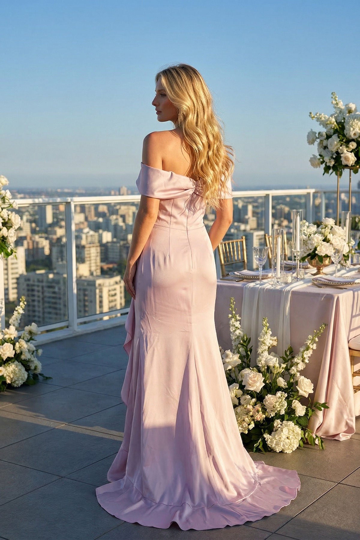 Dusty Pink Off the Shoulder Floor-Length Satin Dress with Ruffle Accent Formal Gown Juliet JT2721C