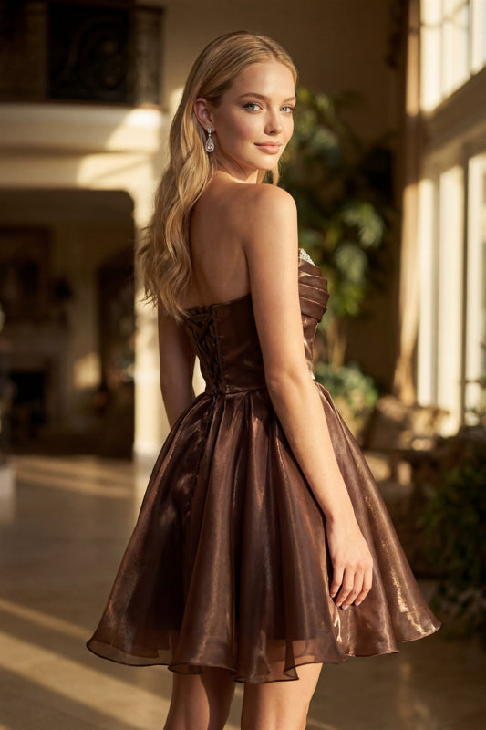 Strapless Straight Neck Mini/Short Satin Cocktail A-Line Juliet JT7187S