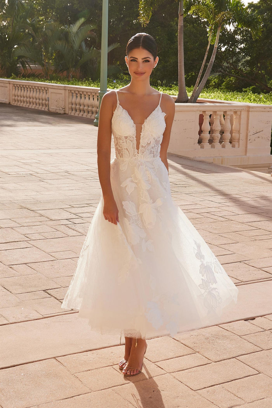 Wedding Dresses Floral Tea Length Wedding Dress White