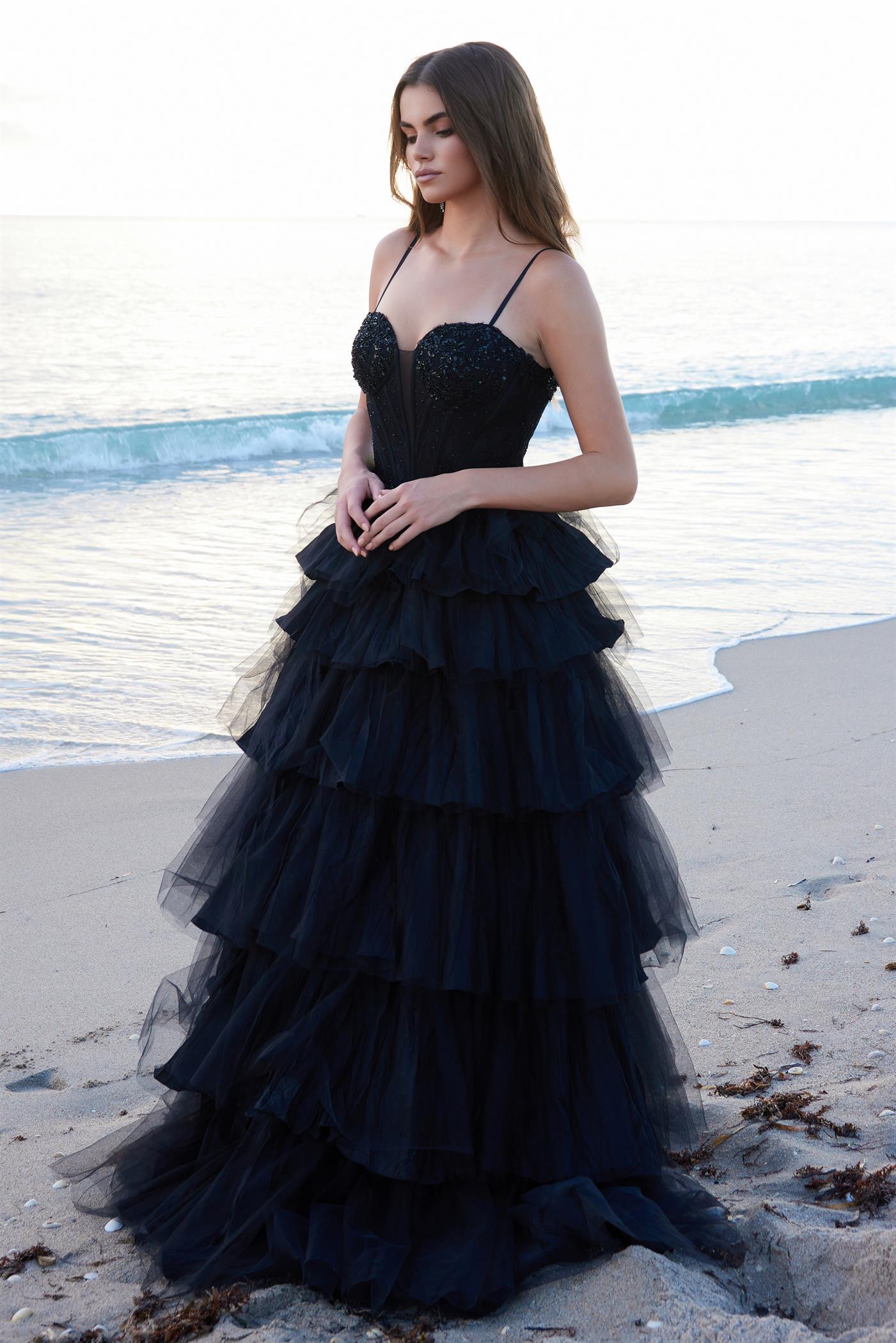 Prom Dresses Long Sequin Ball Gown Formal Layered Prom Dress Black