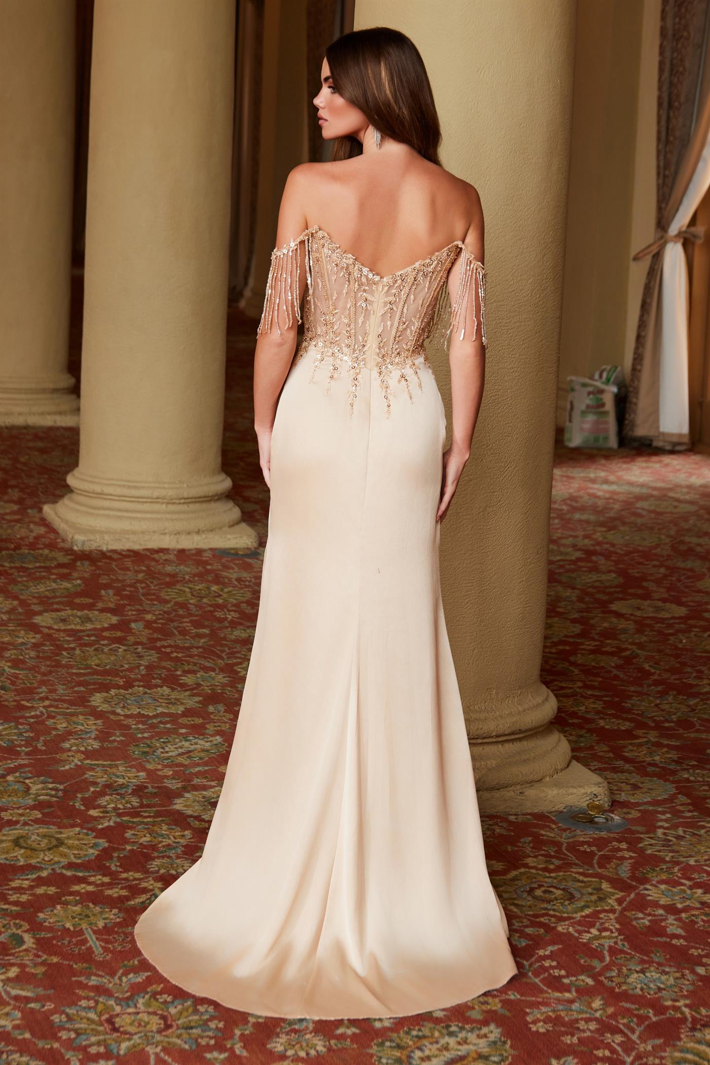 Prom Dresses Long Formal Sequin Applique Top Prom Dress Gold