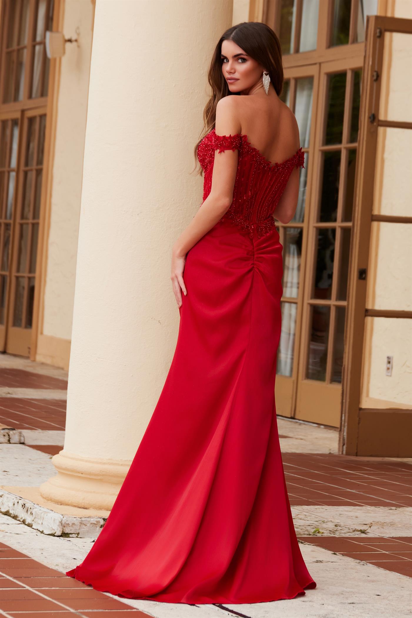 Prom Dresses Long Slit Sequin Applique Top Formal Prom Dress Red
