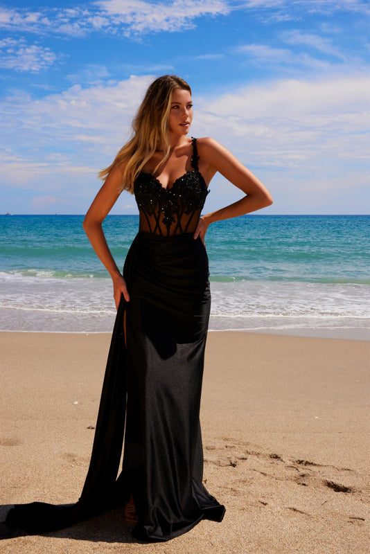 Prom Dresses Long Beaded Applique Formal Prom Dress Black